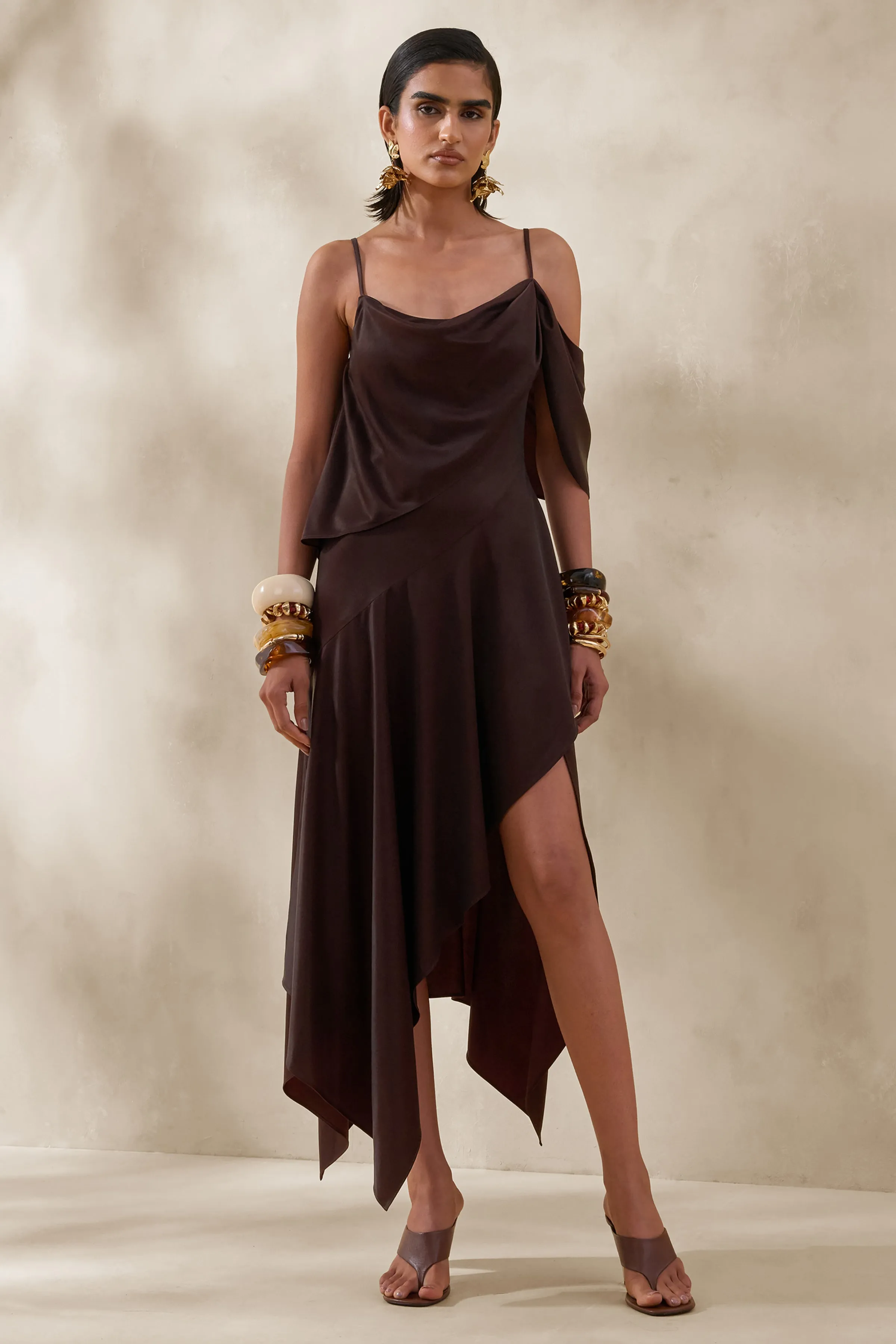Helira | Brown Asymmetric Midi Dress With Draping Detailing and Open-Back sold by Club L London