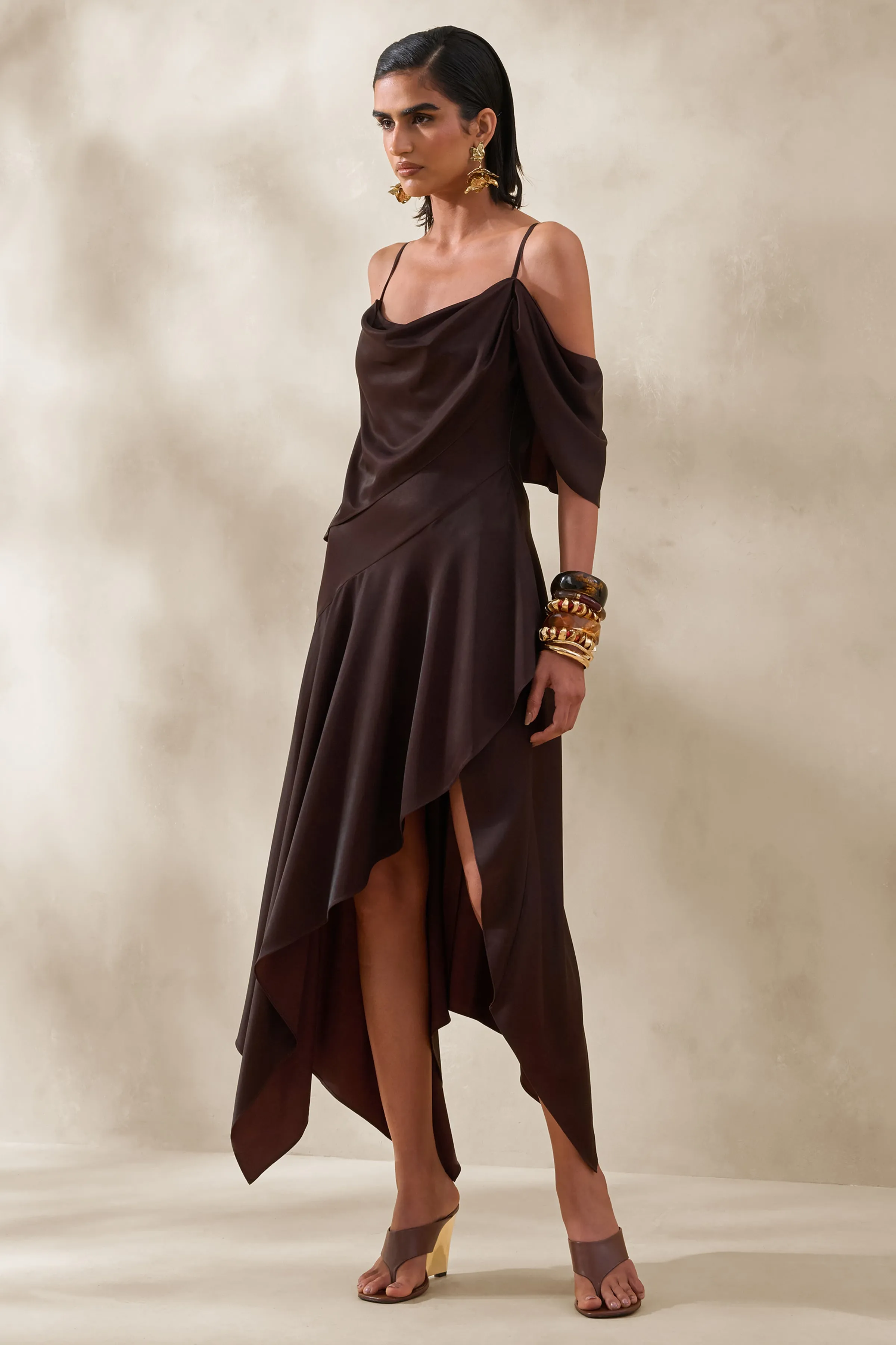 Helira | Brown Asymmetric Midi Dress With Draping Detailing and Open-Back sold by Club L London product image thumbnail 2