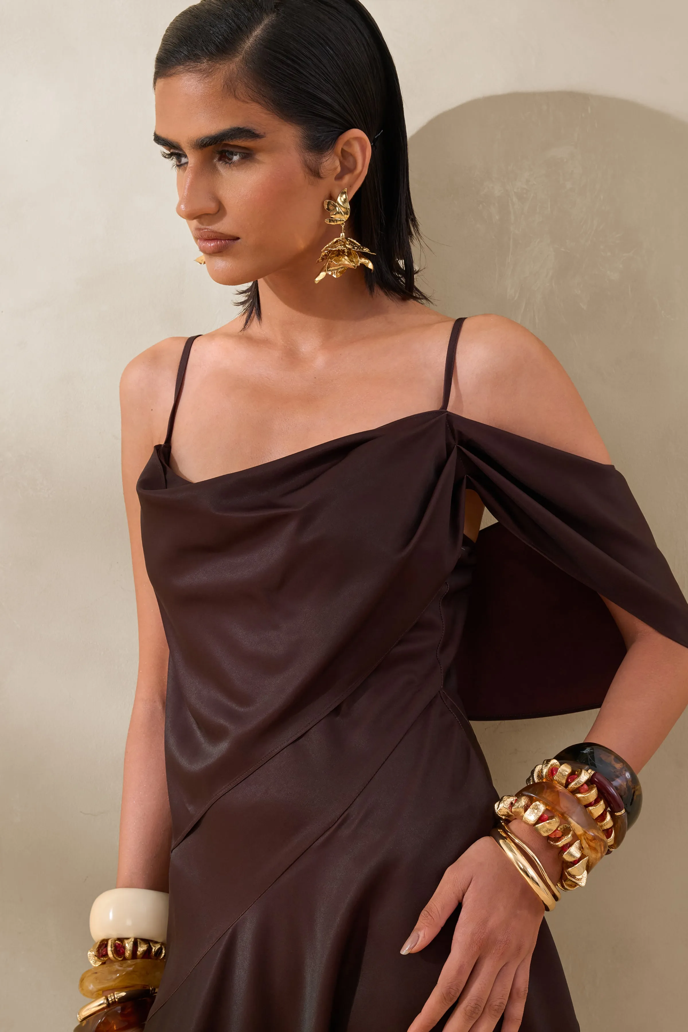 Helira | Brown Asymmetric Midi Dress With Draping Detailing and Open-Back sold by Club L London product image thumbnail 3