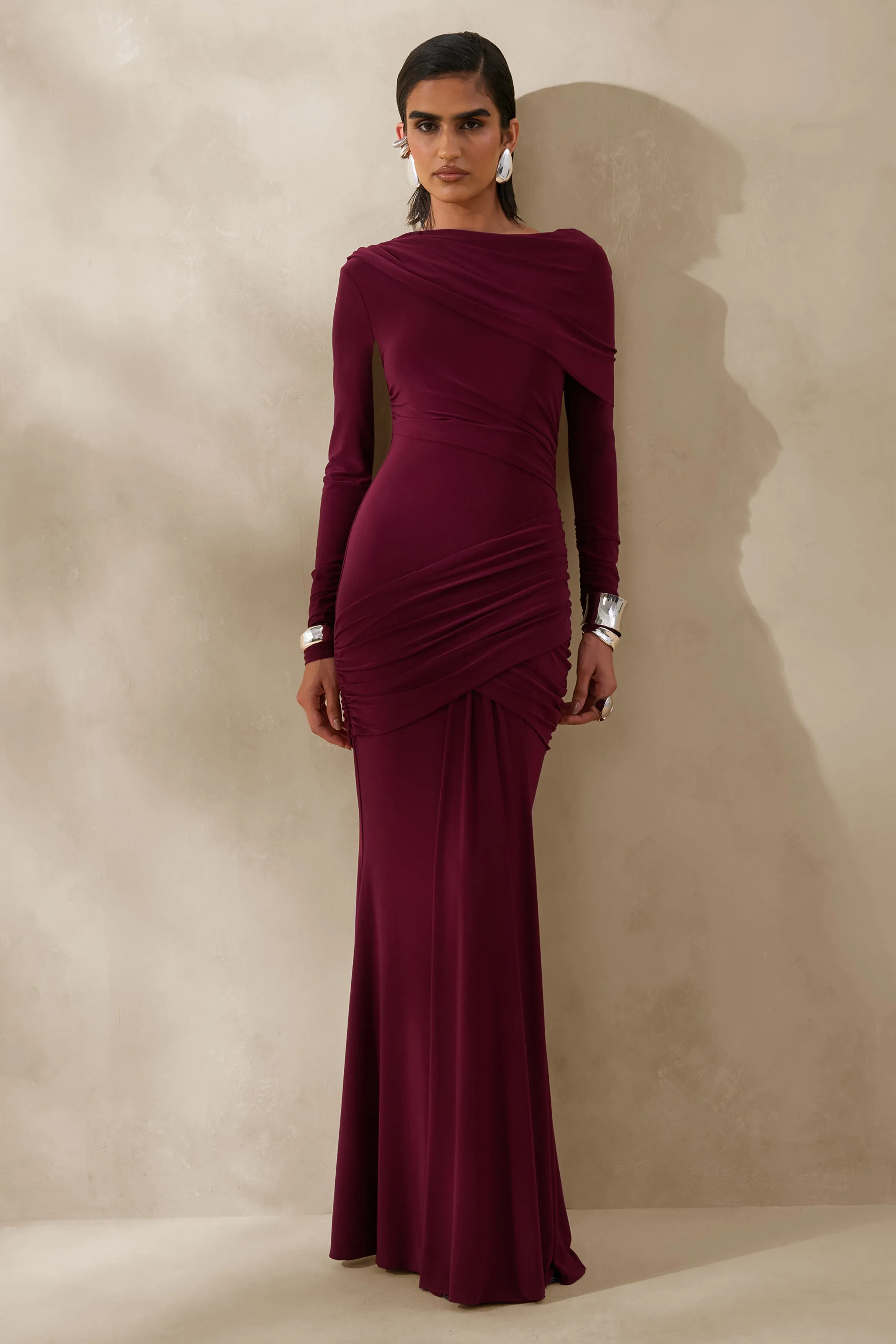 Kessara | Burgundy Asymmetric-Neck Maxi Dress With Sash And Gathered-Detailing sold by Club L London product image thumbnail 4