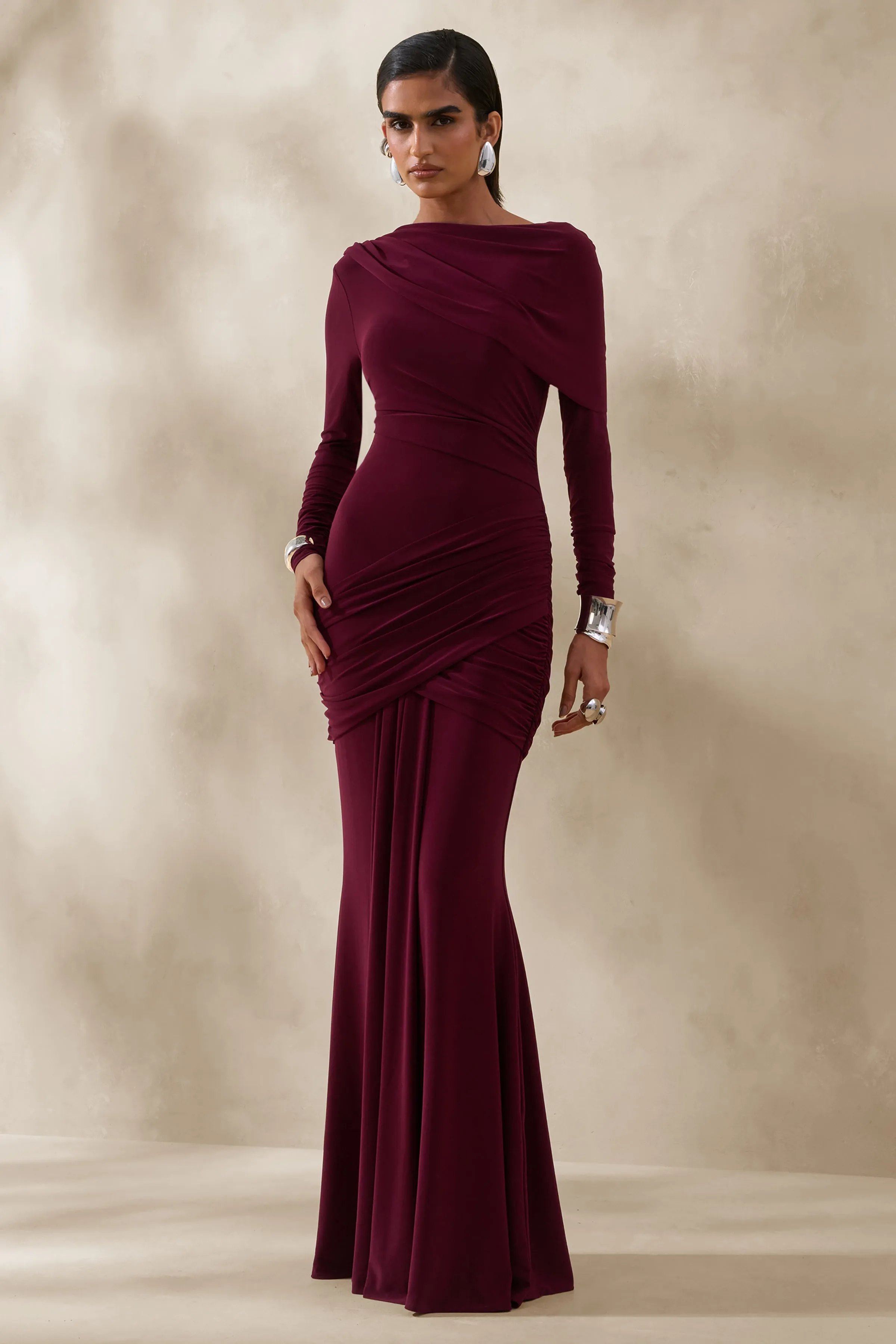 Kessara | Burgundy Asymmetric-Neck Maxi Dress With Sash And Gathered-Detailing sold by Club L London