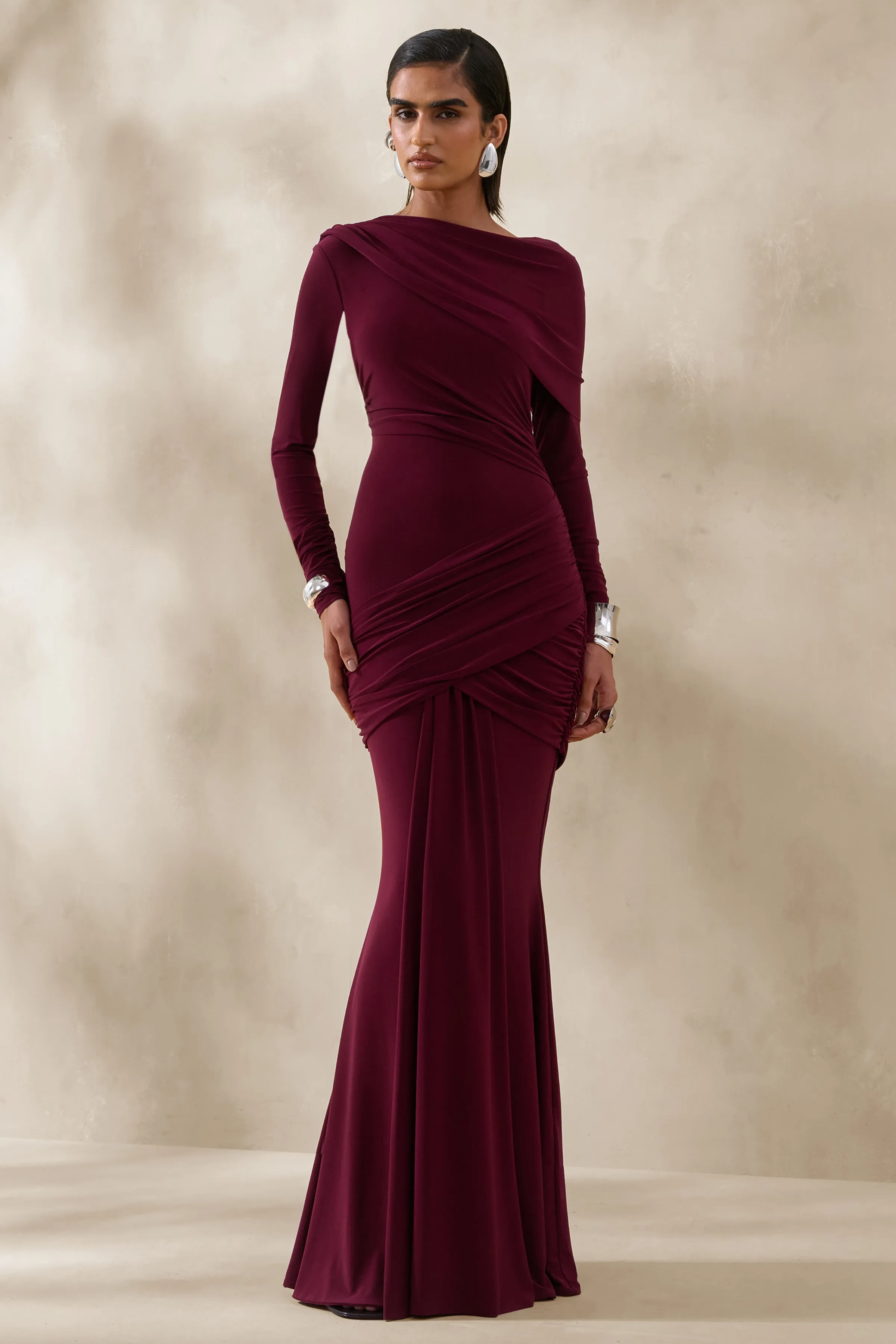 Kessara | Burgundy Asymmetric-Neck Maxi Dress With Sash And Gathered-Detailing sold by Club L London product image thumbnail 5