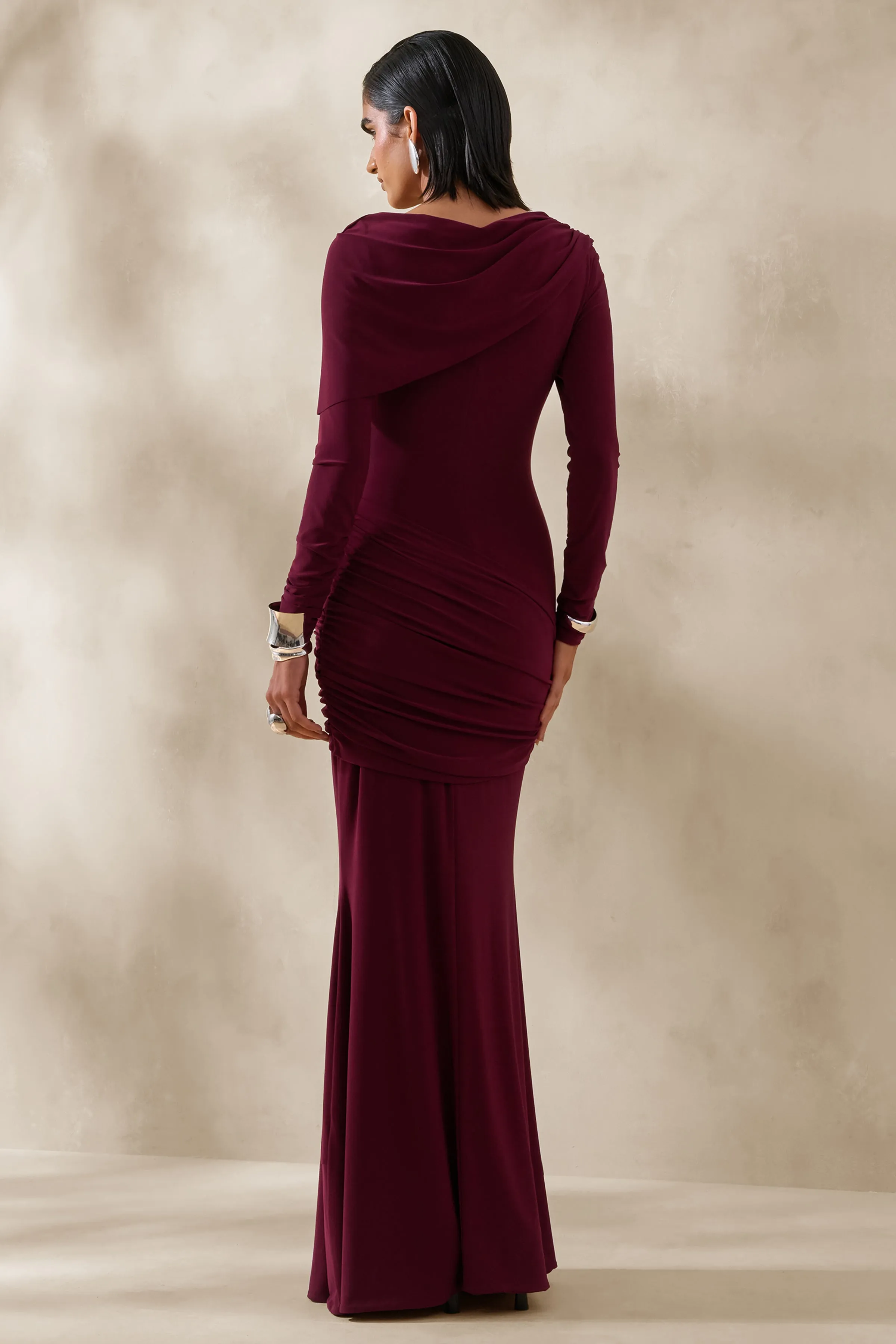 Kessara | Burgundy Asymmetric-Neck Maxi Dress With Sash And Gathered-Detailing sold by Club L London product image thumbnail 2