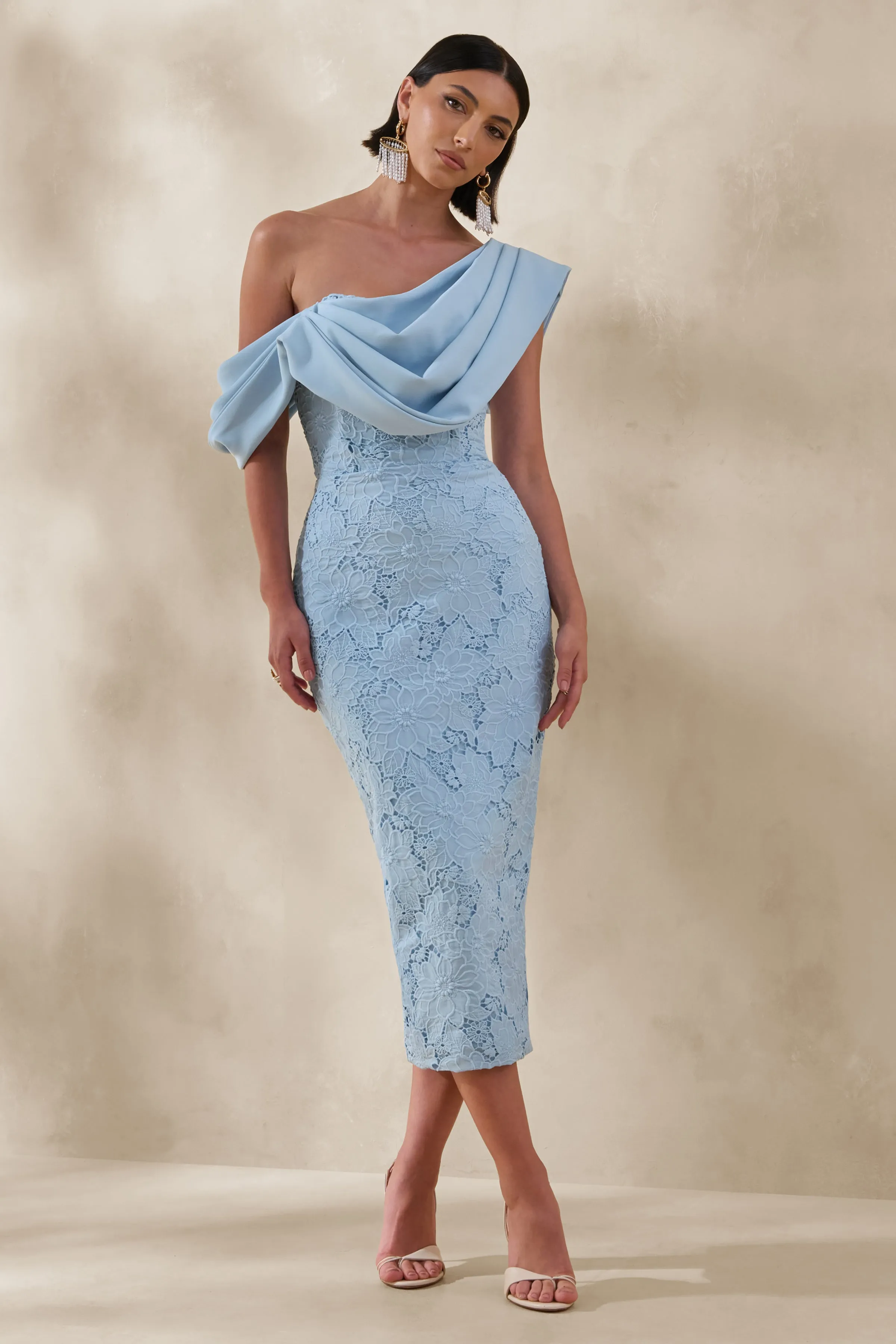 Loria | Powder Blue Lace Asymmetric-Neck Midi Dress With Draped Detailing sold by Club L London product image thumbnail 5