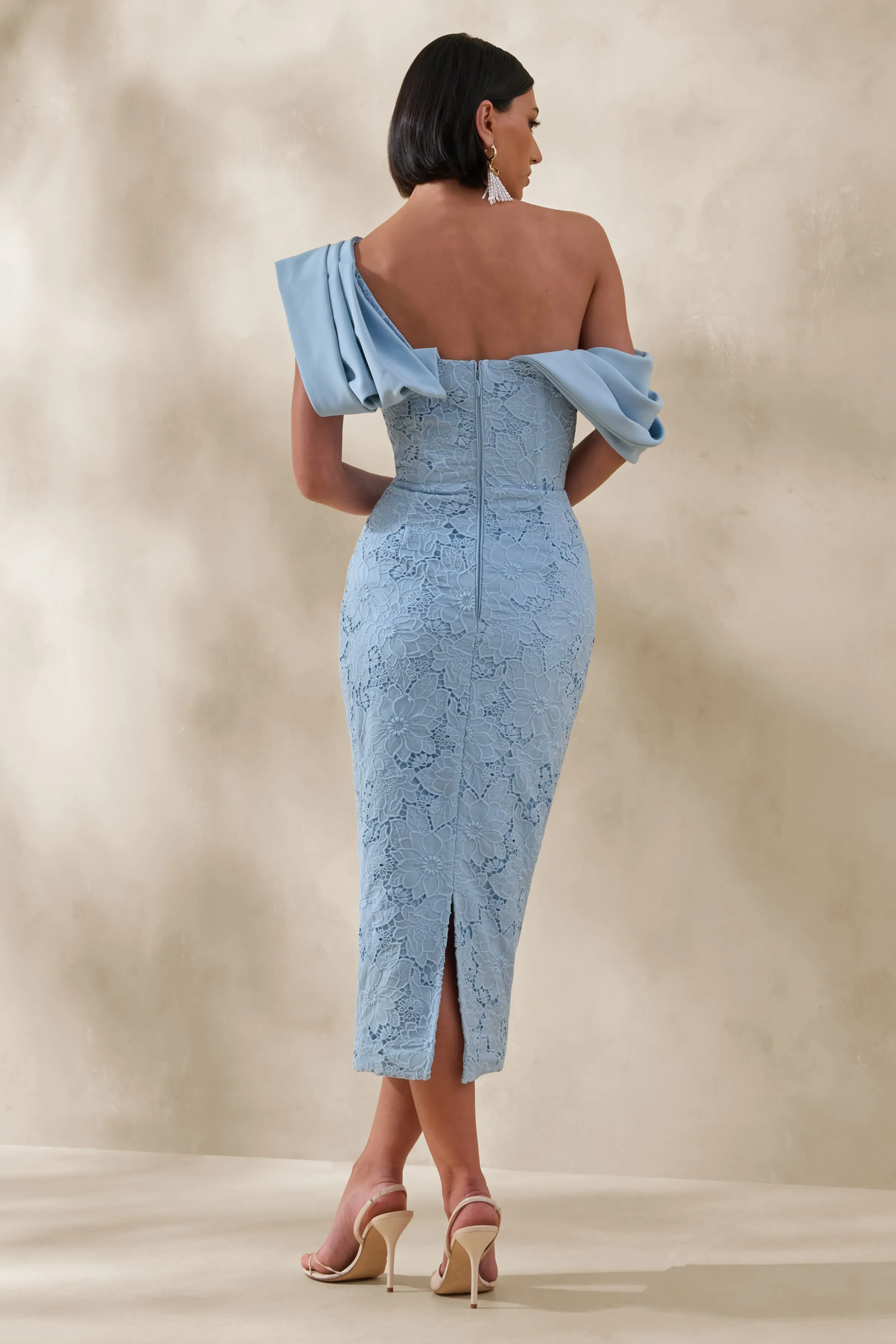 Loria | Powder Blue Lace Asymmetric-Neck Midi Dress With Draped Detailing sold by Club L London product image thumbnail 2