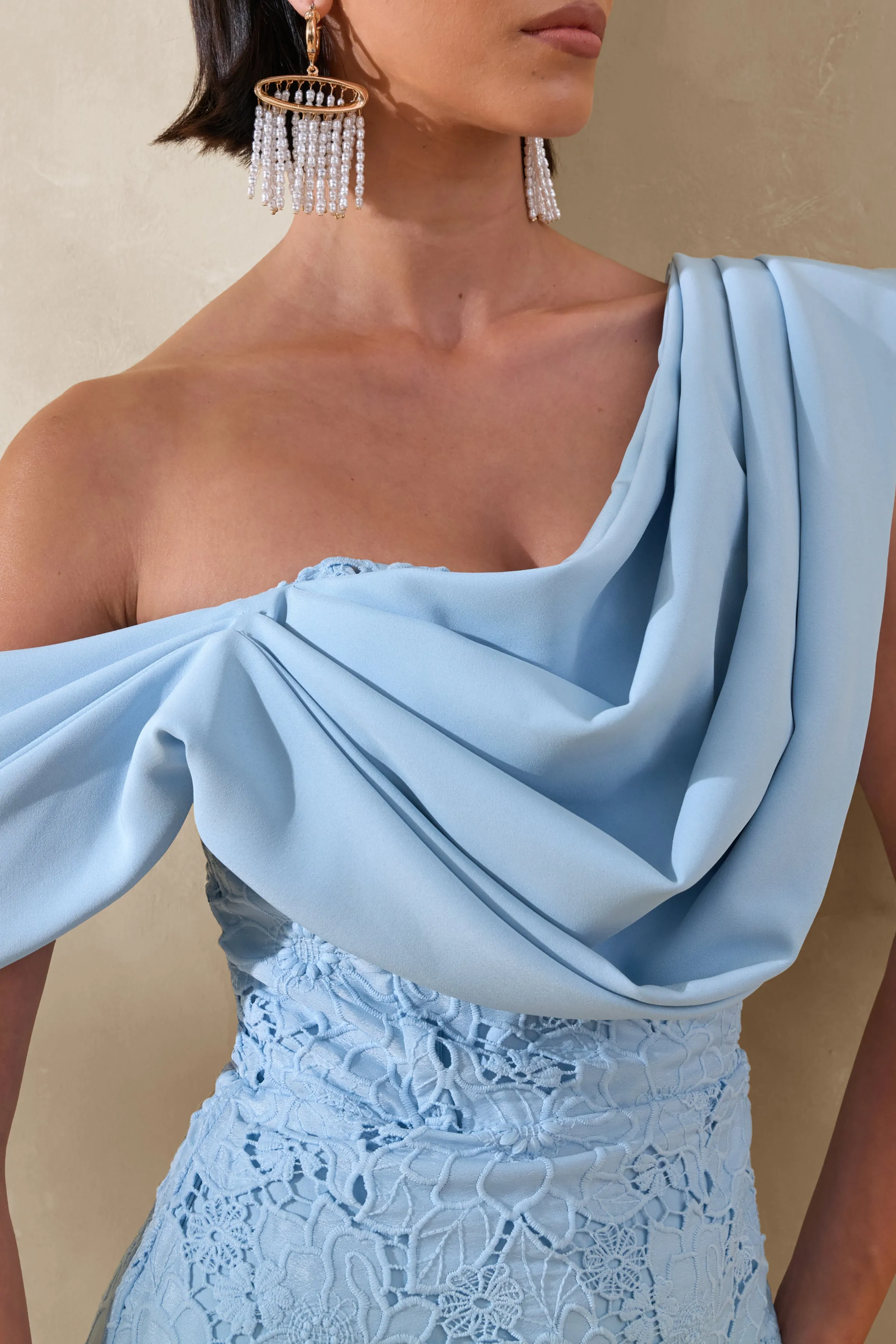 Loria | Powder Blue Lace Asymmetric-Neck Midi Dress With Draped Detailing sold by Club L London product image thumbnail 3