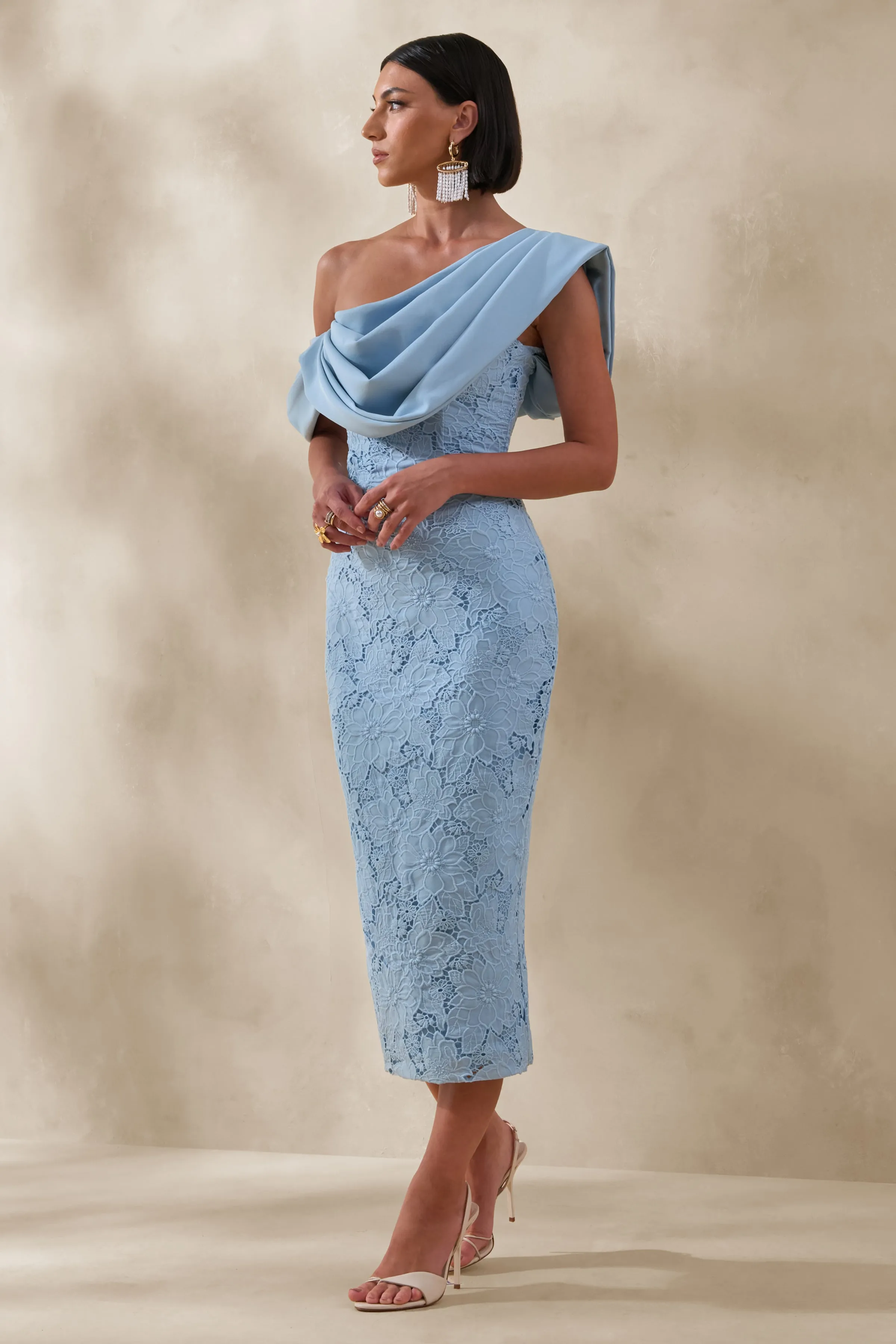 Loria | Powder Blue Lace Asymmetric-Neck Midi Dress With Draped Detailing sold by Club L London product image thumbnail 4