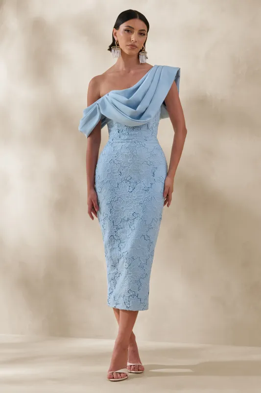 Loria | Powder Blue Lace Asymmetric-Neck Midi Dress With Draped Detailing sold by Club L London