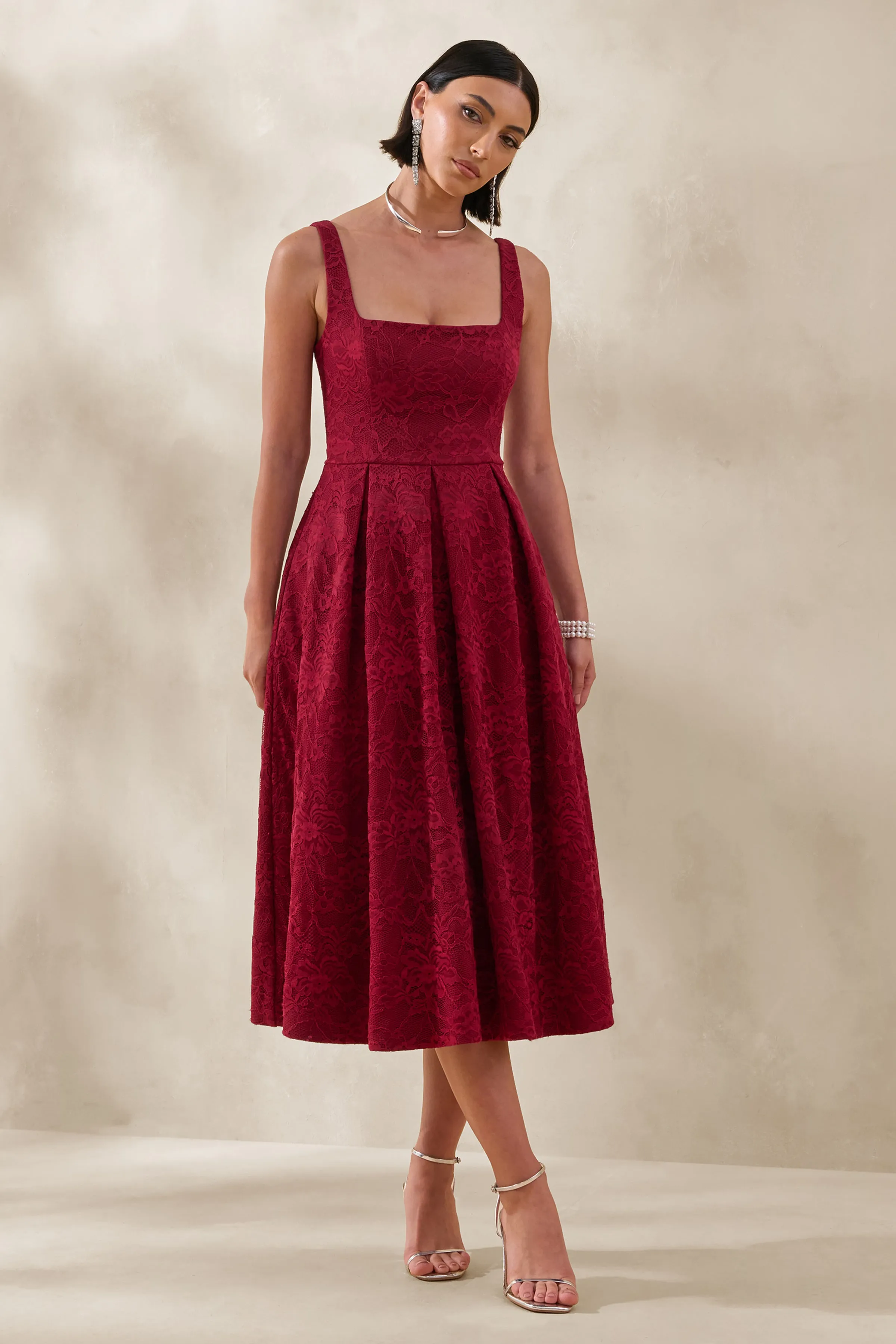 Ashmara | Burgundy Lace Square-Neck Midi Dress sold by Club L London product image thumbnail 5