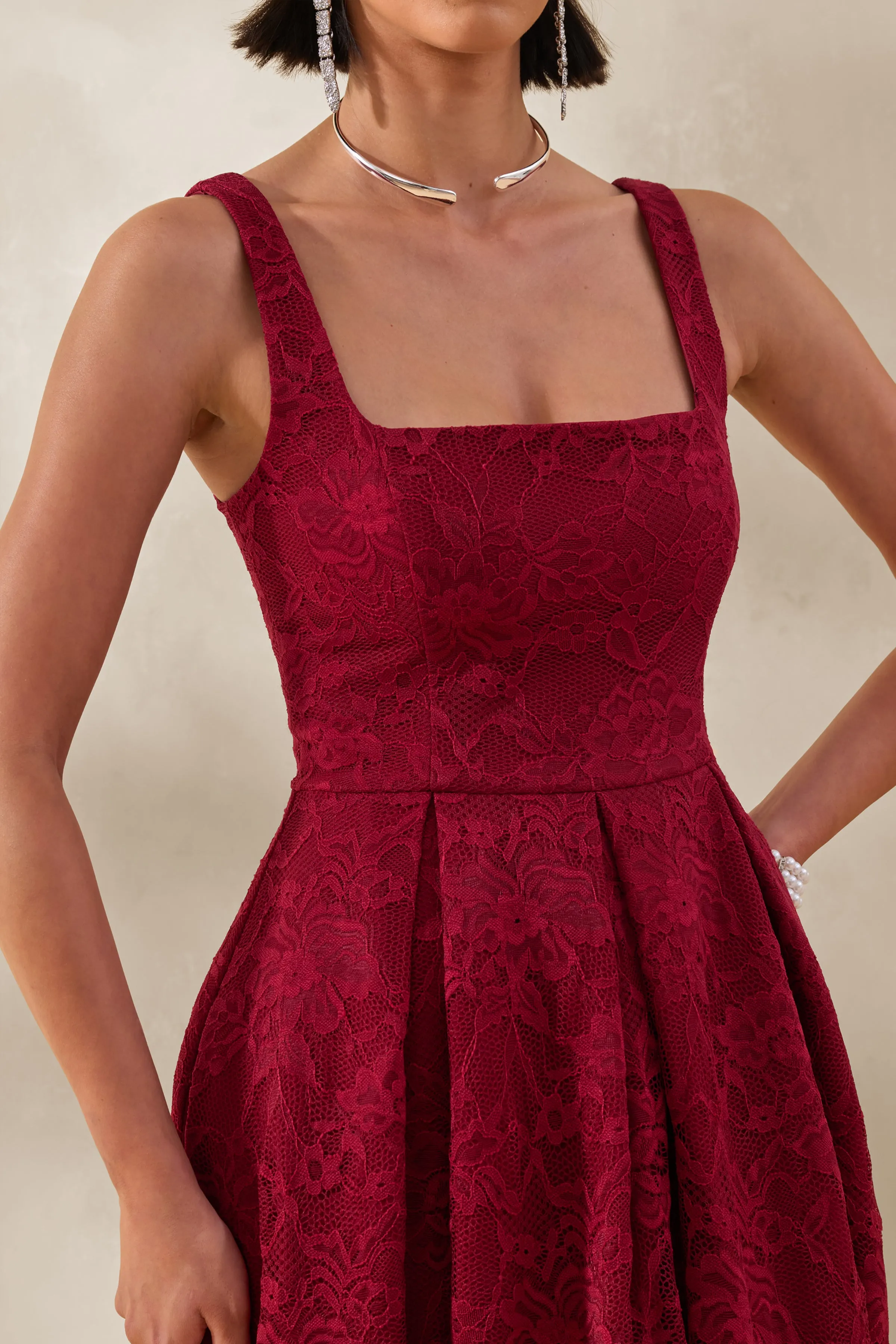 Ashmara | Burgundy Lace Square-Neck Midi Dress sold by Club L London product image thumbnail 3