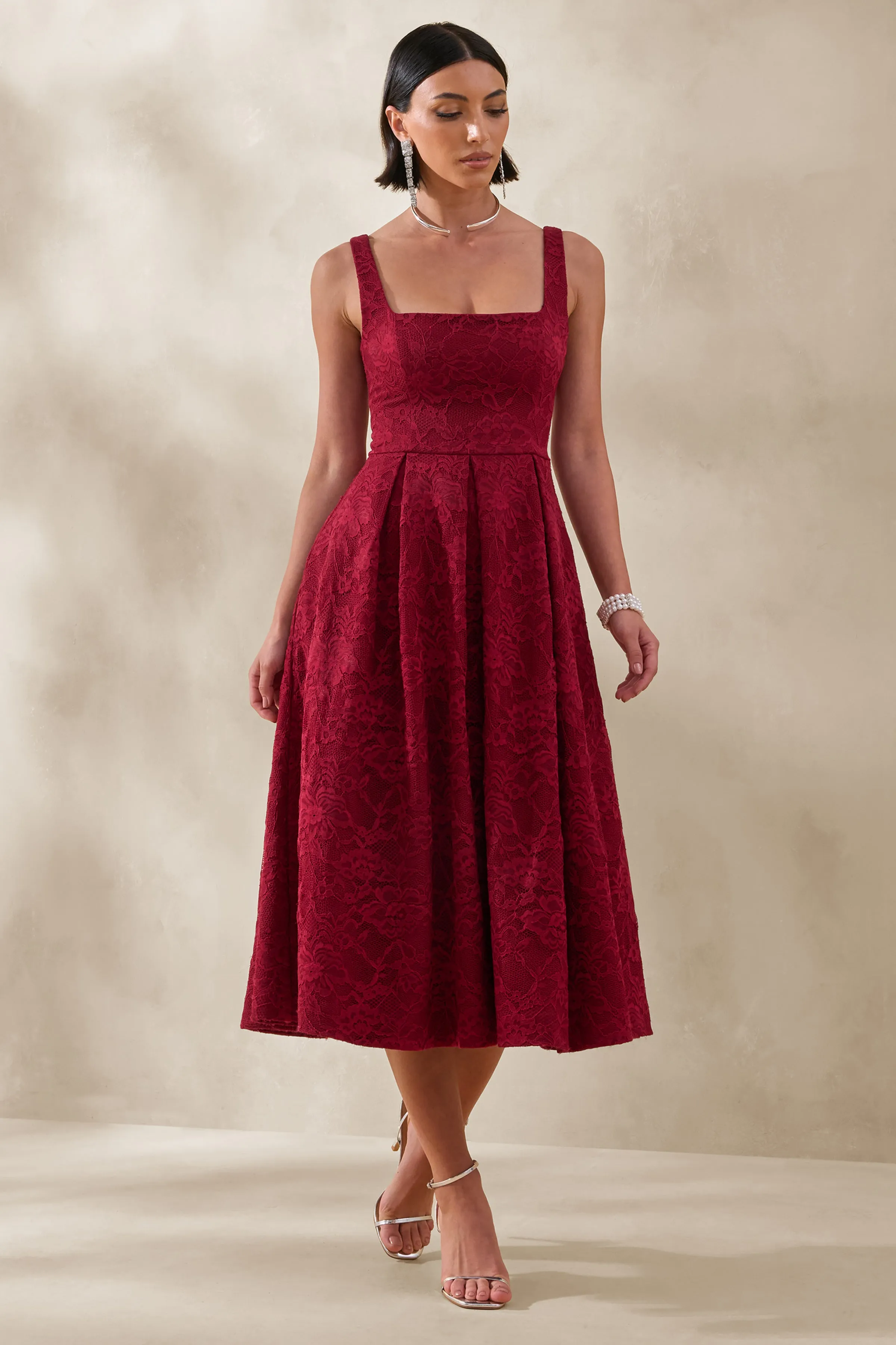 Ashmara | Burgundy Lace Square-Neck Midi Dress sold by Club L London product image thumbnail 4