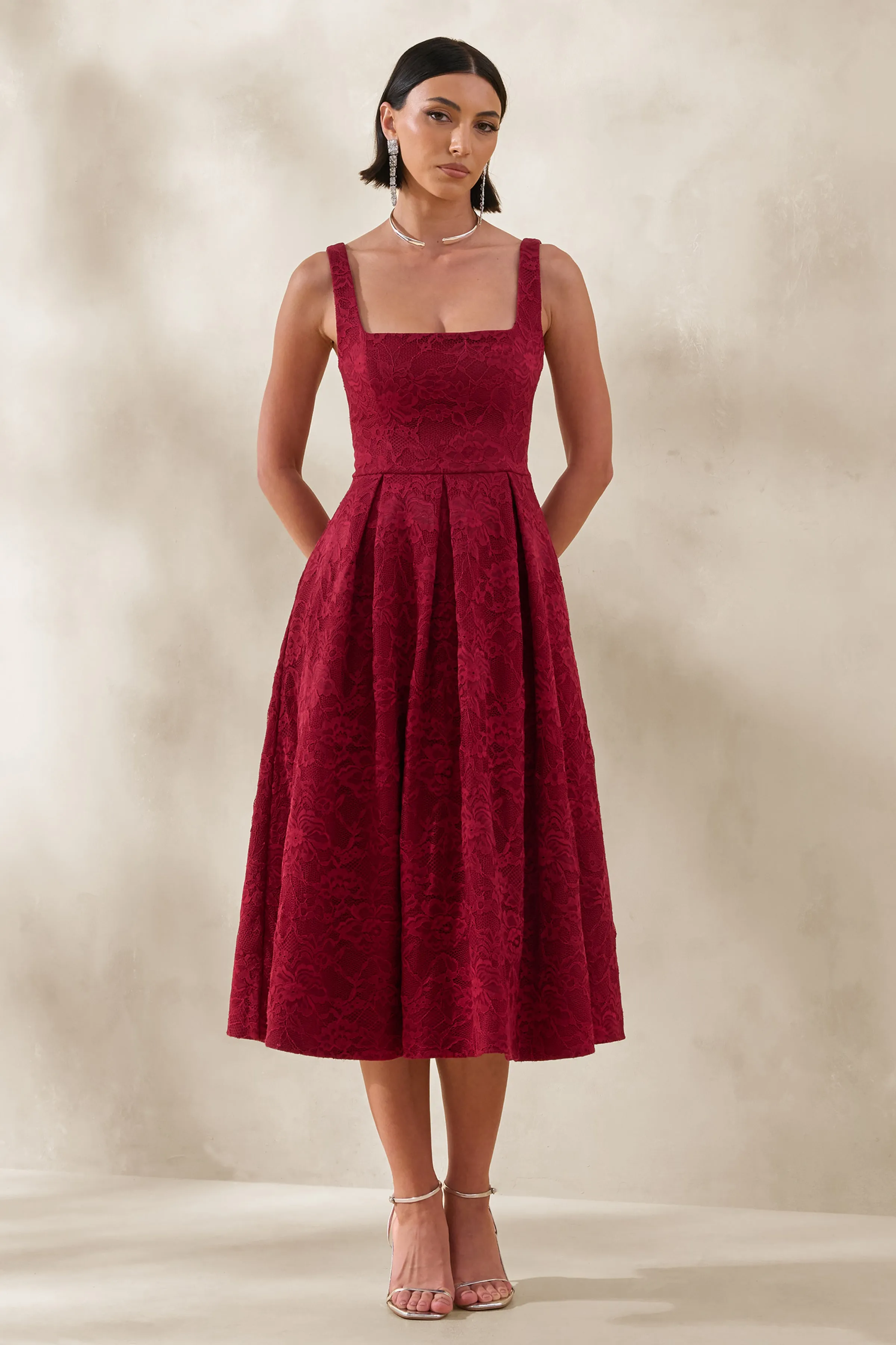 Ashmara | Burgundy Lace Square-Neck Midi Dress sold by Club L London
