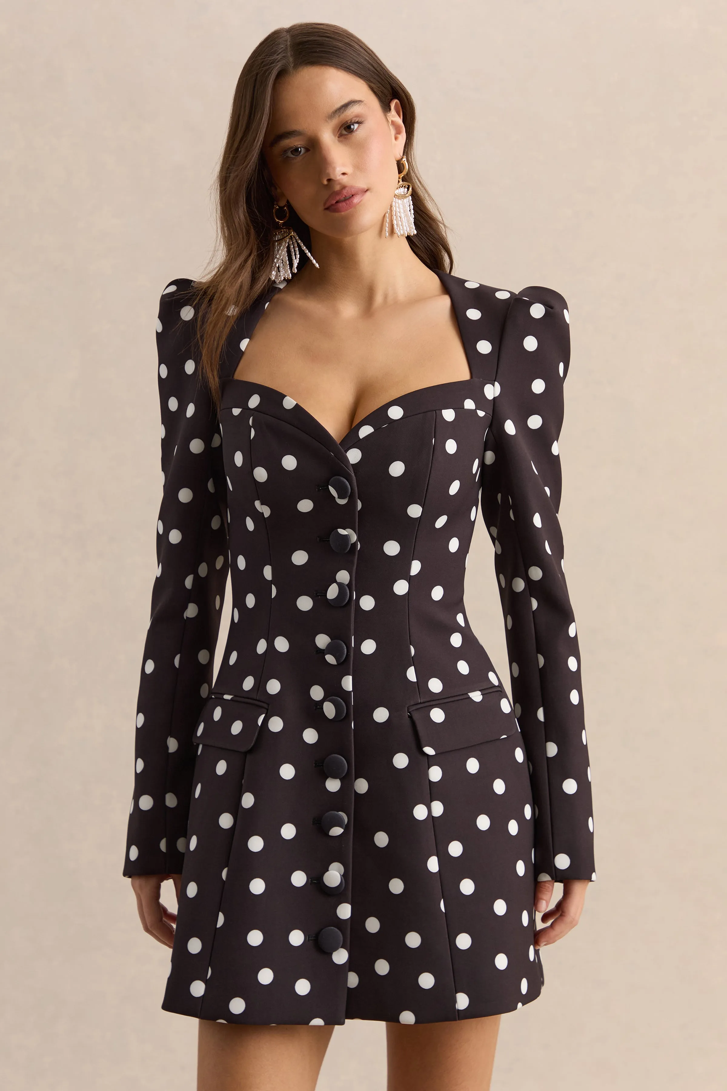 Carmen | Black & White Polka Dot Sweetheart-Neck Tailored Mini Dress sold by Club L London product image thumbnail 2