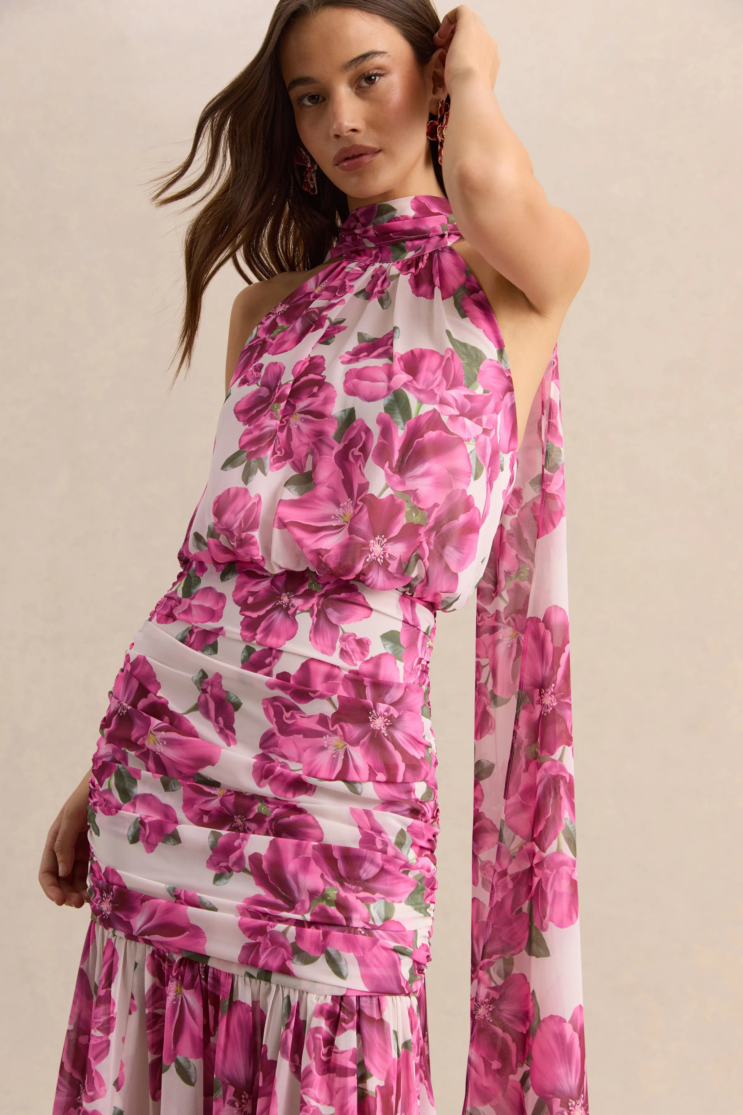 Veronique | Pink Hibiscus Floral Halter-Neck Maxi Dress sold by Club L London product image thumbnail 3