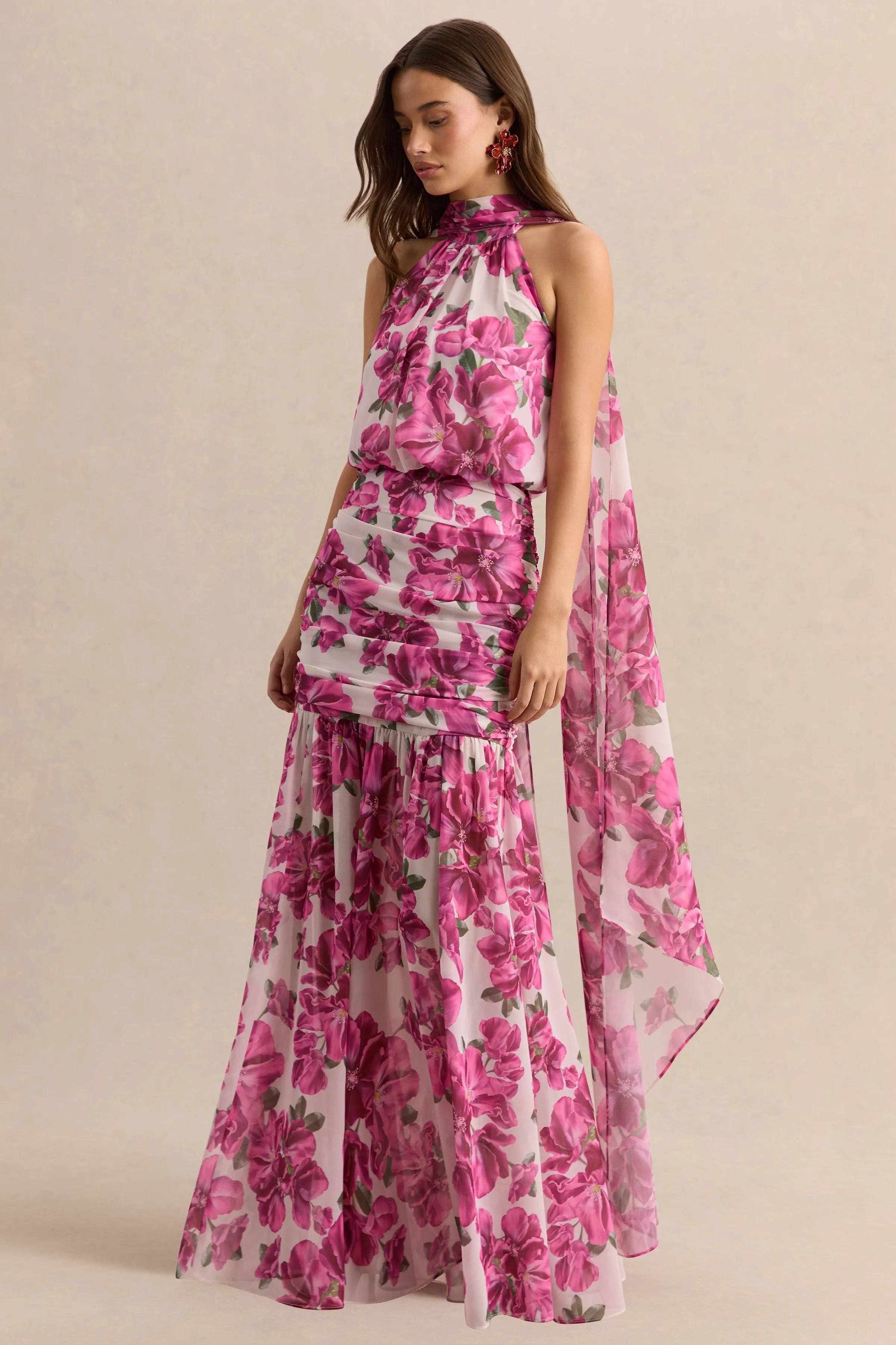 Veronique | Pink Hibiscus Floral Halter-Neck Maxi Dress sold by Club L London product image thumbnail 4