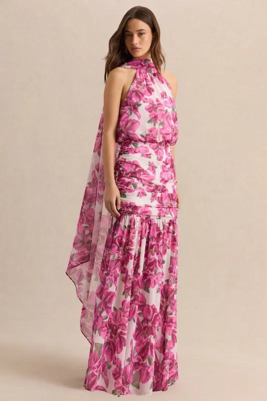 Veronique | Pink Hibiscus Floral Halter-Neck Maxi Dress sold by Club L London