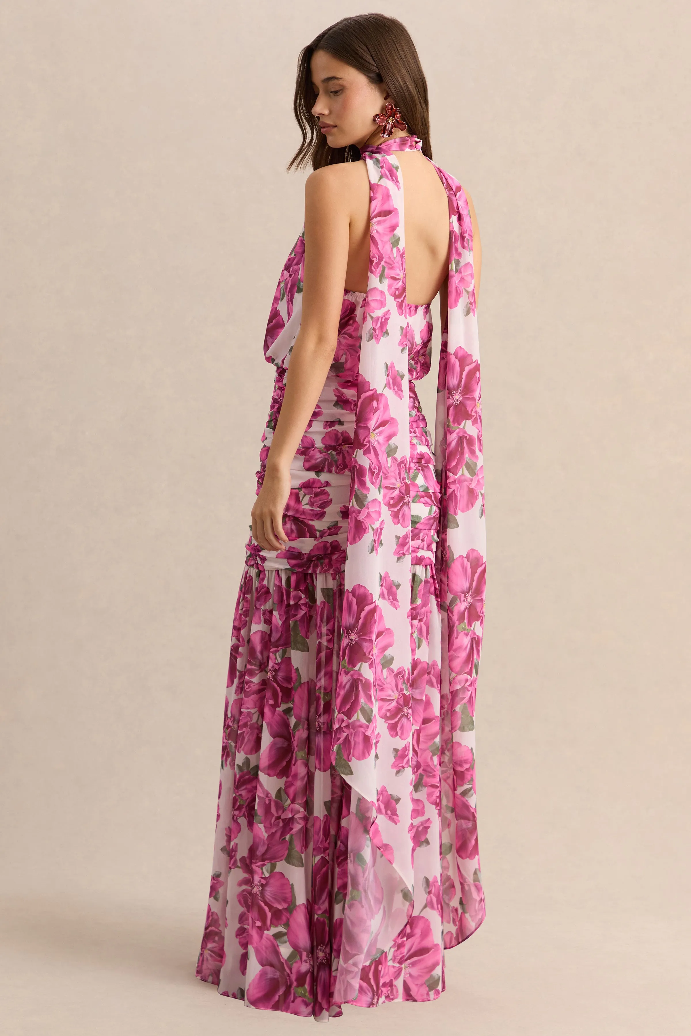 Veronique | Pink Hibiscus Floral Halter-Neck Maxi Dress sold by Club L London product image thumbnail 2