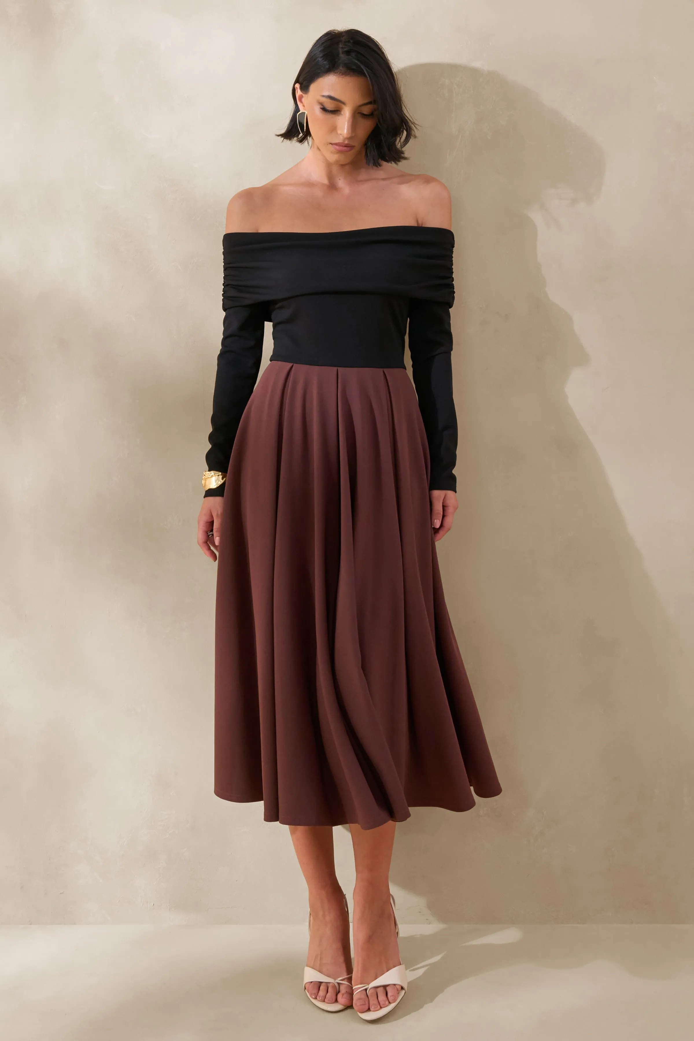 Frederica | Black And Brown Bardot-Neck Midi Dress sold by Club L London product image thumbnail 5