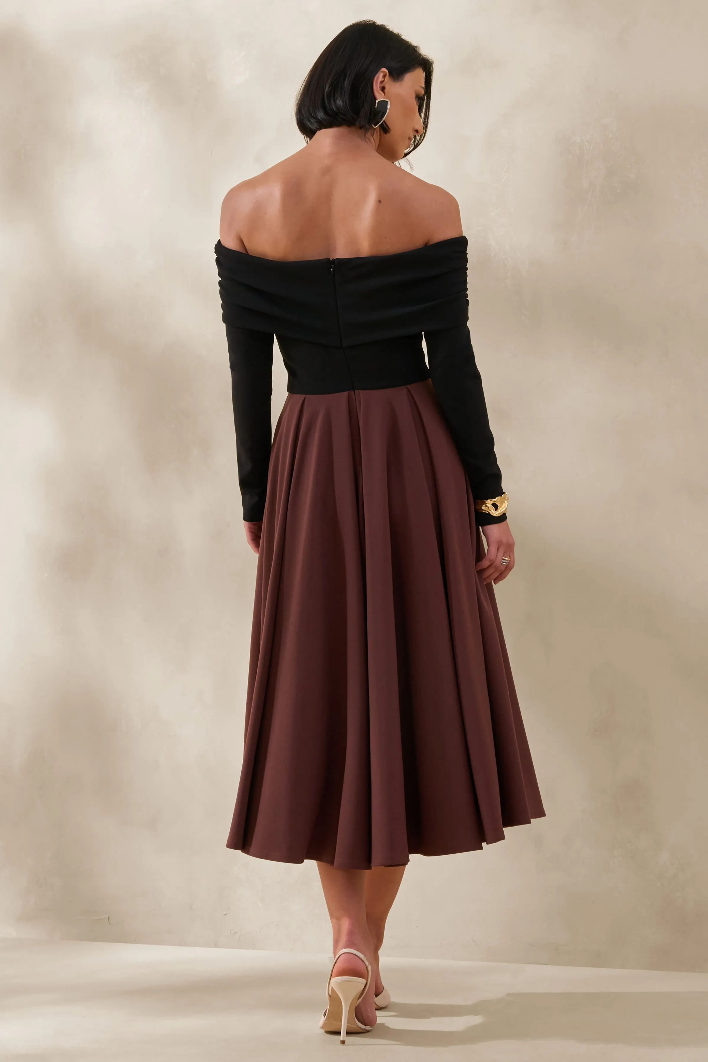 Frederica | Black And Brown Bardot-Neck Midi Dress sold by Club L London product image thumbnail 2