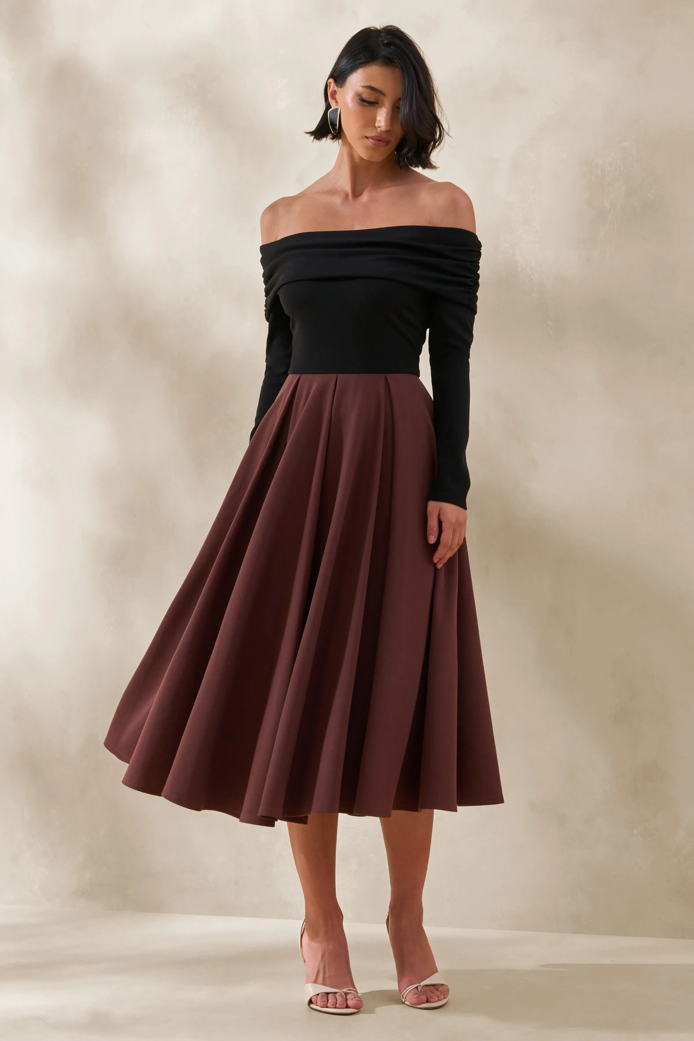 Frederica | Black And Brown Bardot-Neck Midi Dress sold by Club L London product image thumbnail 4