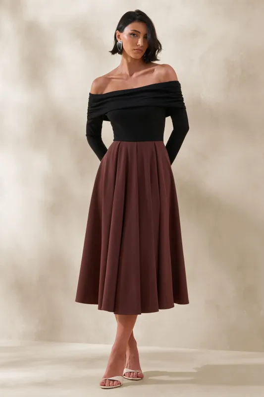 Frederica | Black And Brown Bardot-Neck Midi Dress made by Club L London