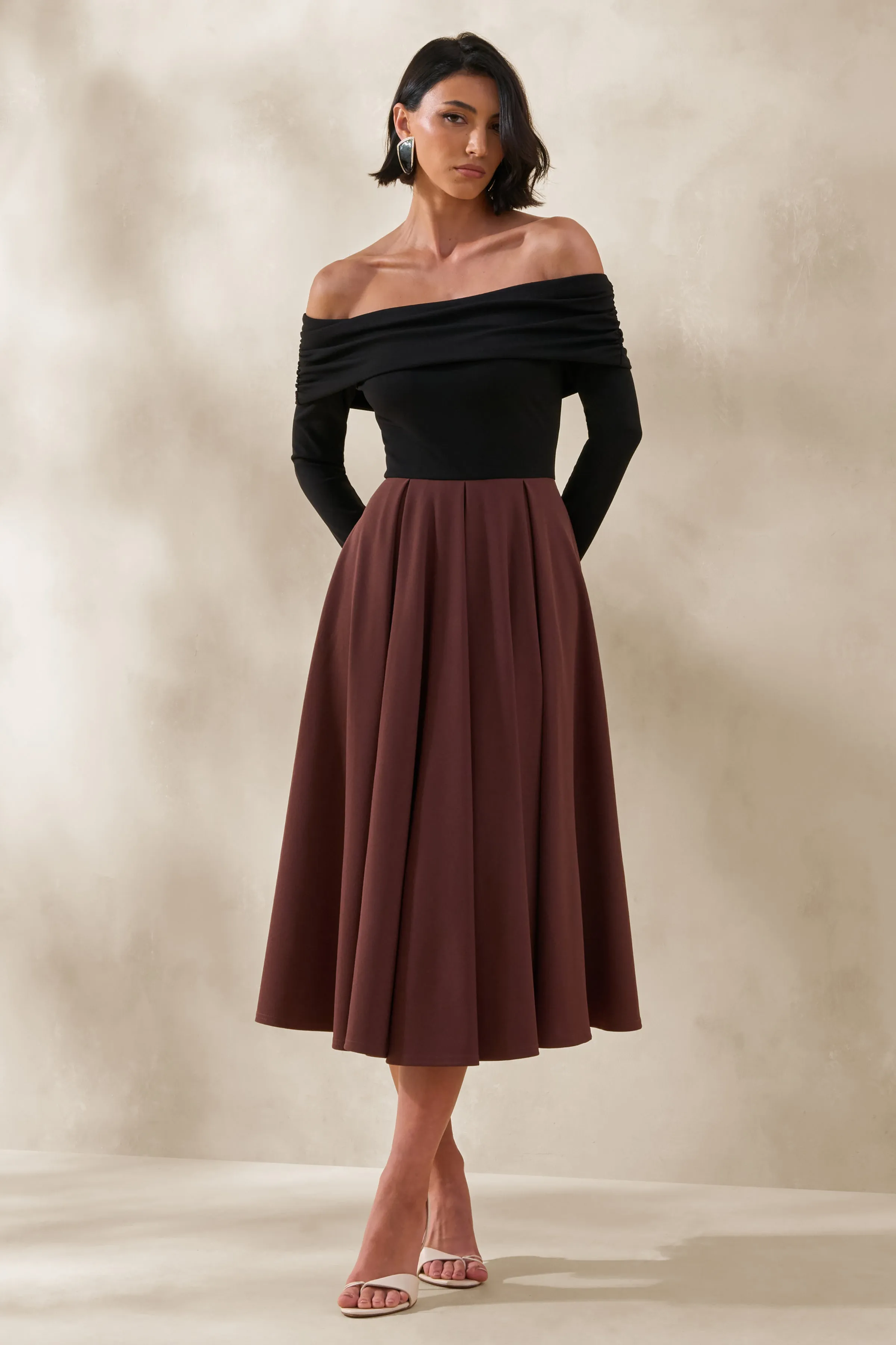 Frederica | Black And Brown Bardot-Neck Midi Dress sold by Club L London