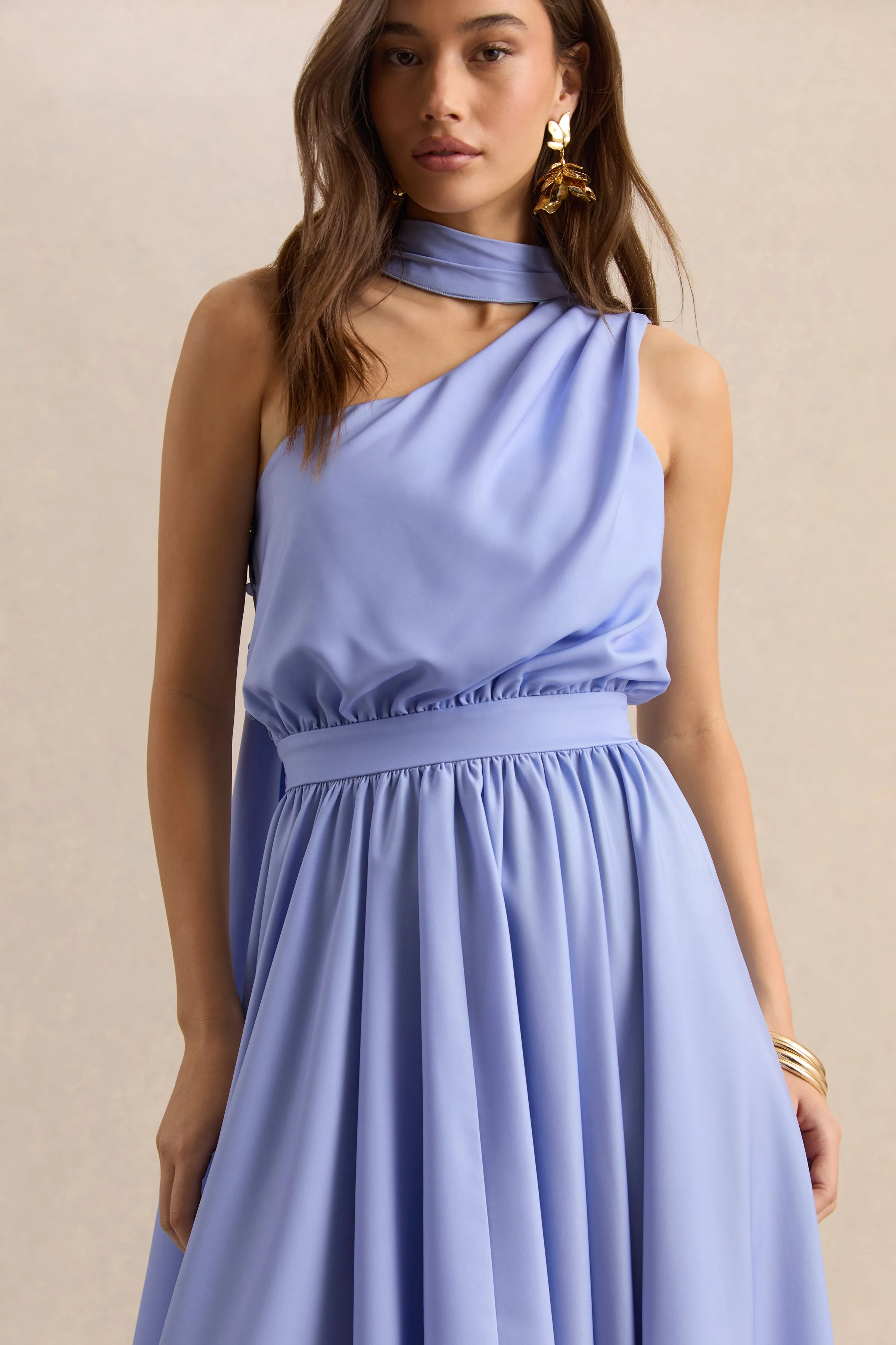 Caluna | Powder Blue Satin Asymmetric-Neck Midi Dress With Scarf-Detail sold by Club L London product image thumbnail 3