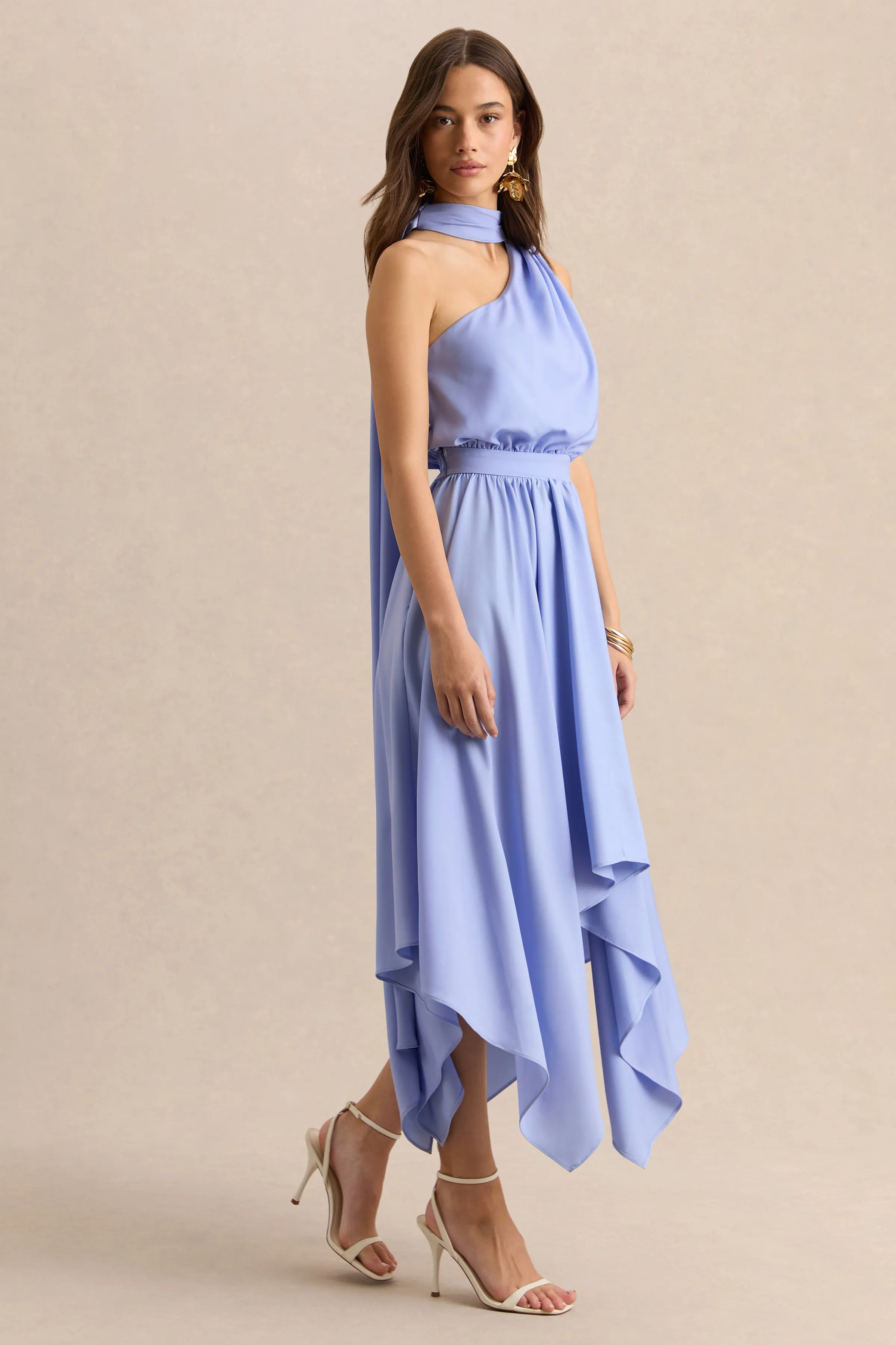 Caluna | Powder Blue Satin Asymmetric-Neck Midi Dress With Scarf-Detail sold by Club L London product image thumbnail 4