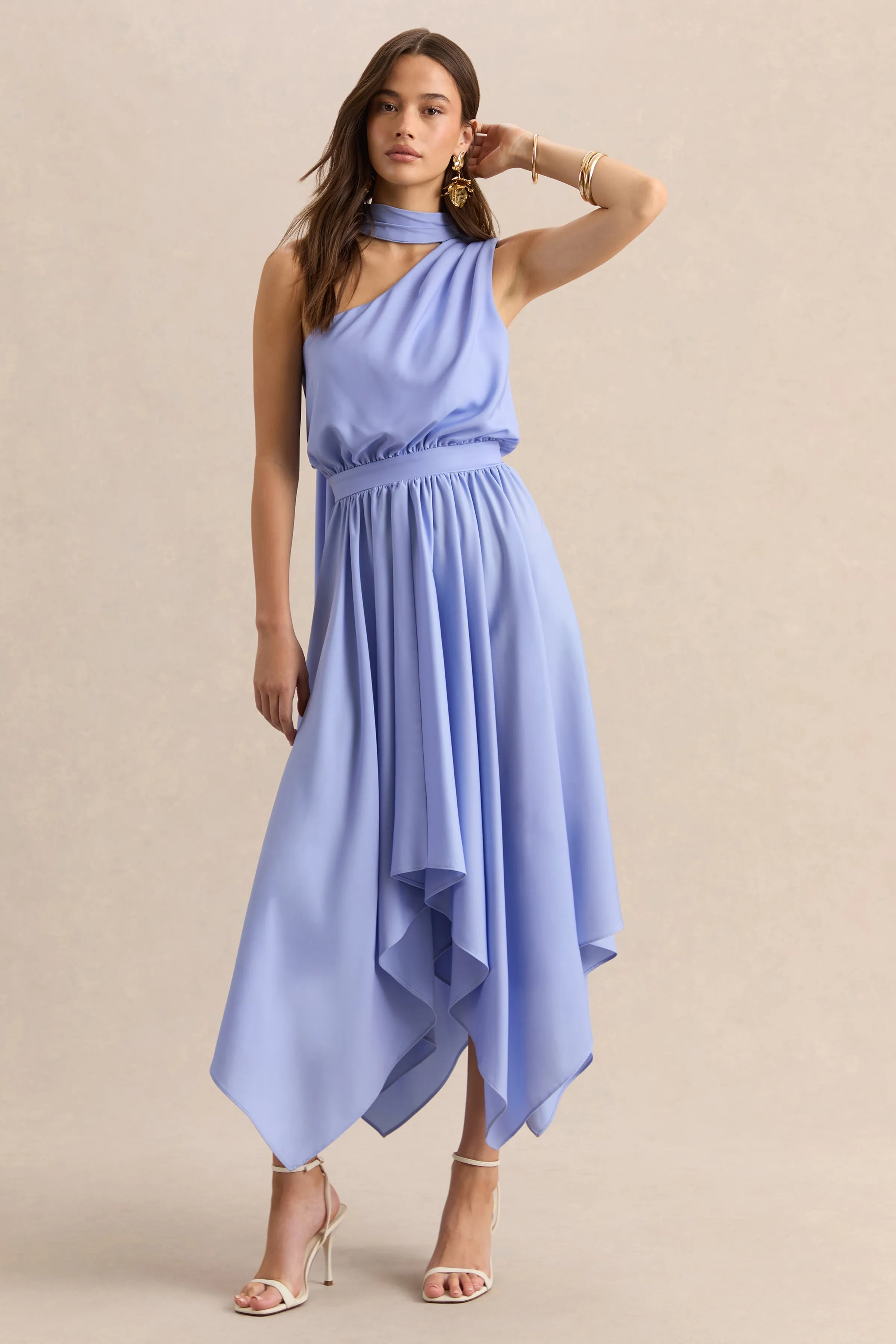 Caluna | Powder Blue Satin Asymmetric-Neck Midi Dress With Scarf-Detail sold by Club L London