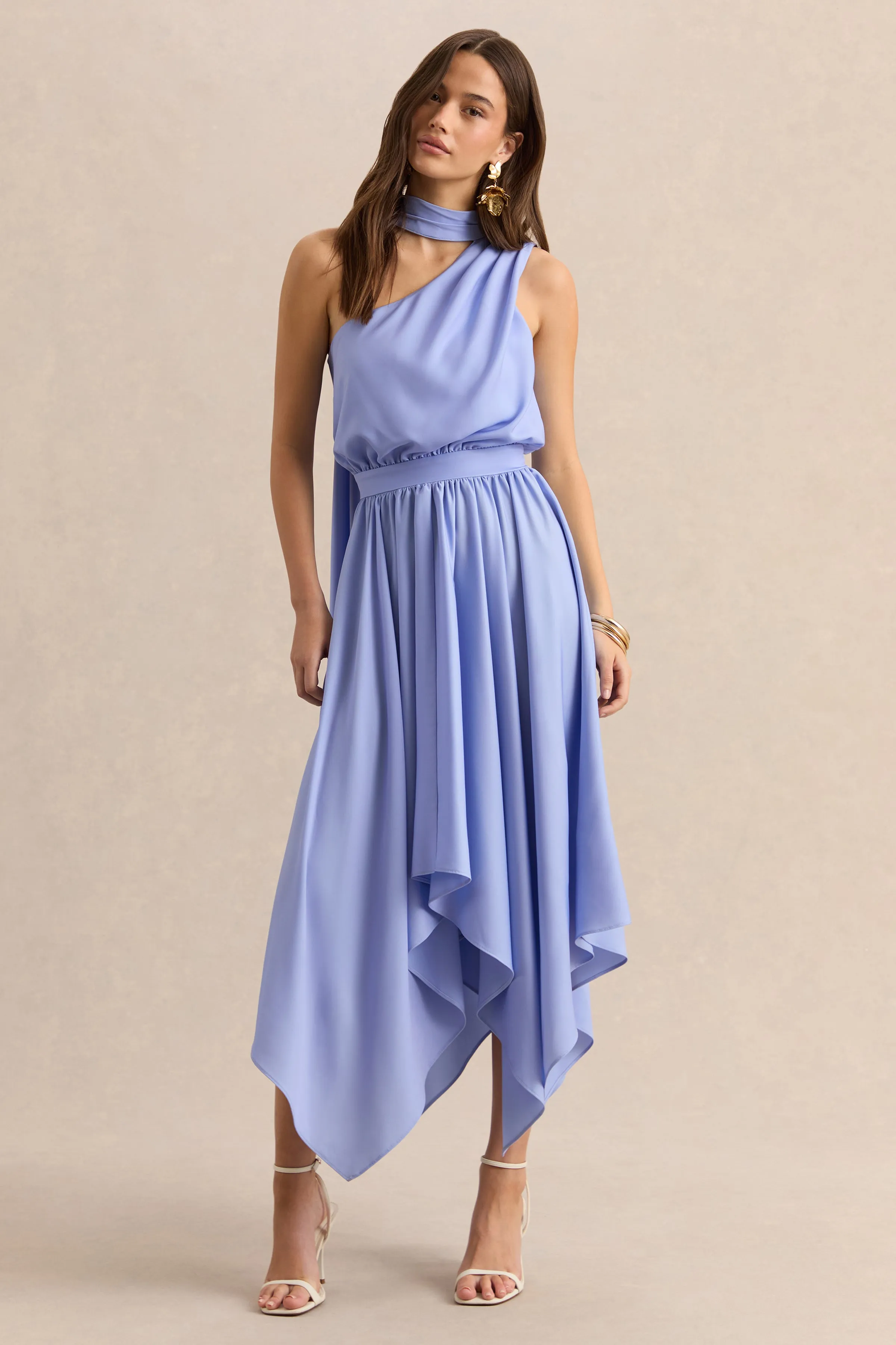 Caluna | Powder Blue Satin Asymmetric-Neck Midi Dress With Scarf-Detail sold by Club L London product image thumbnail 5