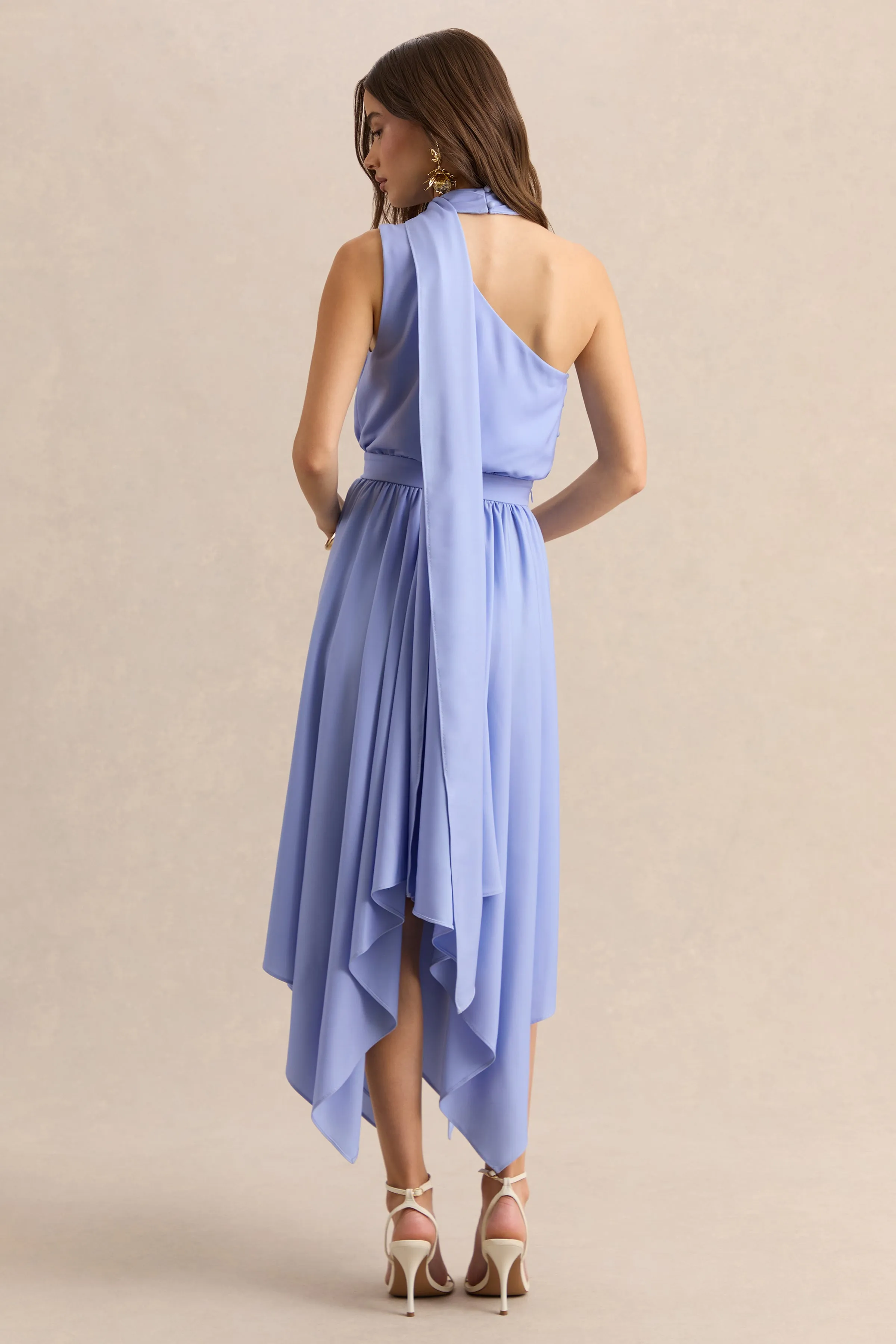 Caluna | Powder Blue Satin Asymmetric-Neck Midi Dress With Scarf-Detail sold by Club L London product image thumbnail 2