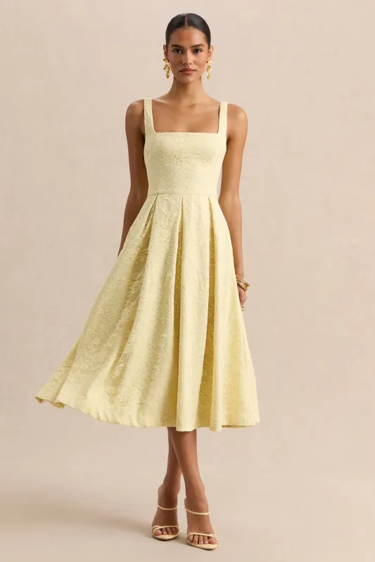 Ashmara | Lemon Lace Square-Neck Midi Dress made by Club L London