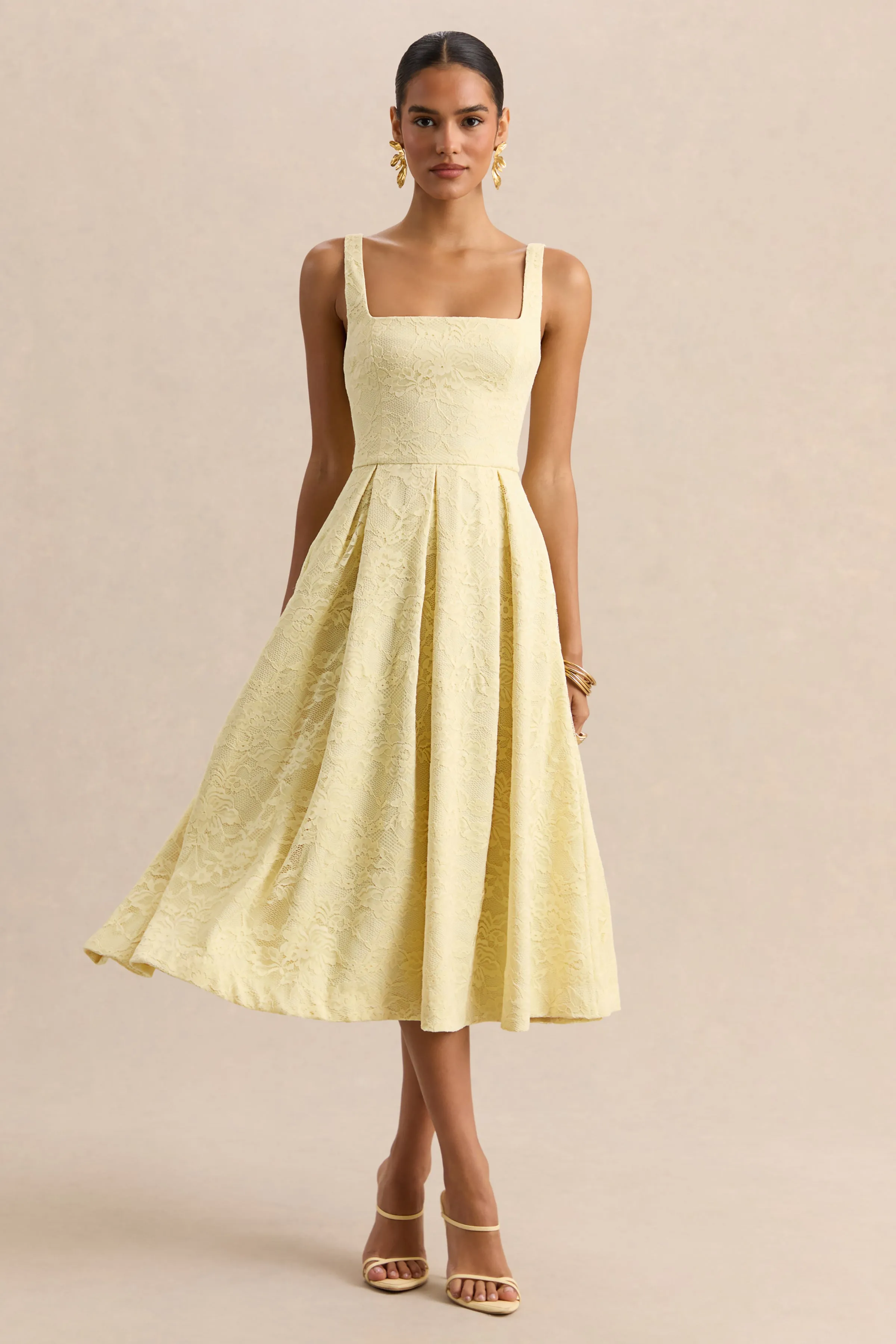 Ashmara | Lemon Lace Square-Neck Midi Dress sold by Club L London