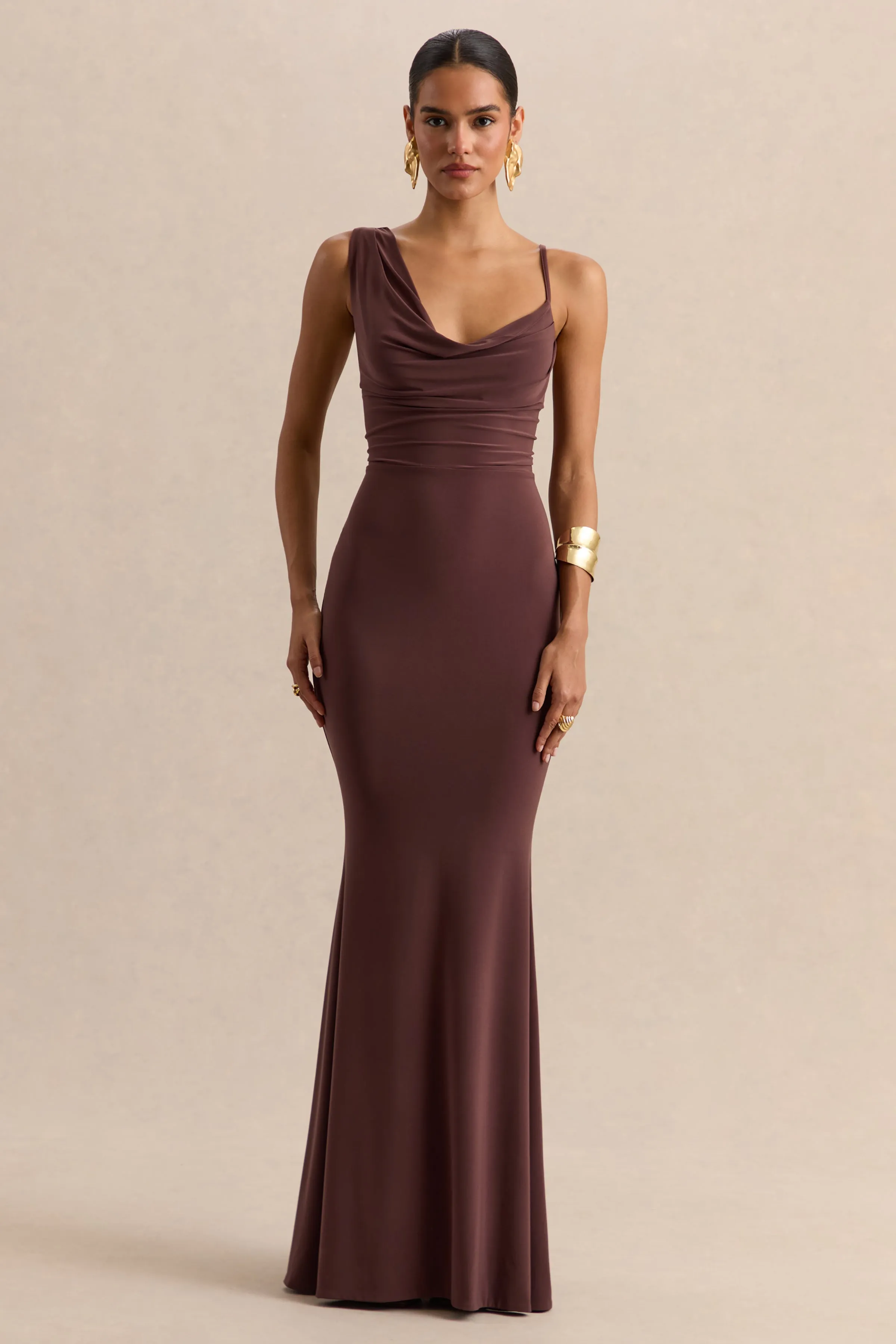 Armelia | Brown Cowl-Neck Maxi Dress With Scarf-Detail sold by Club L London product image thumbnail 4