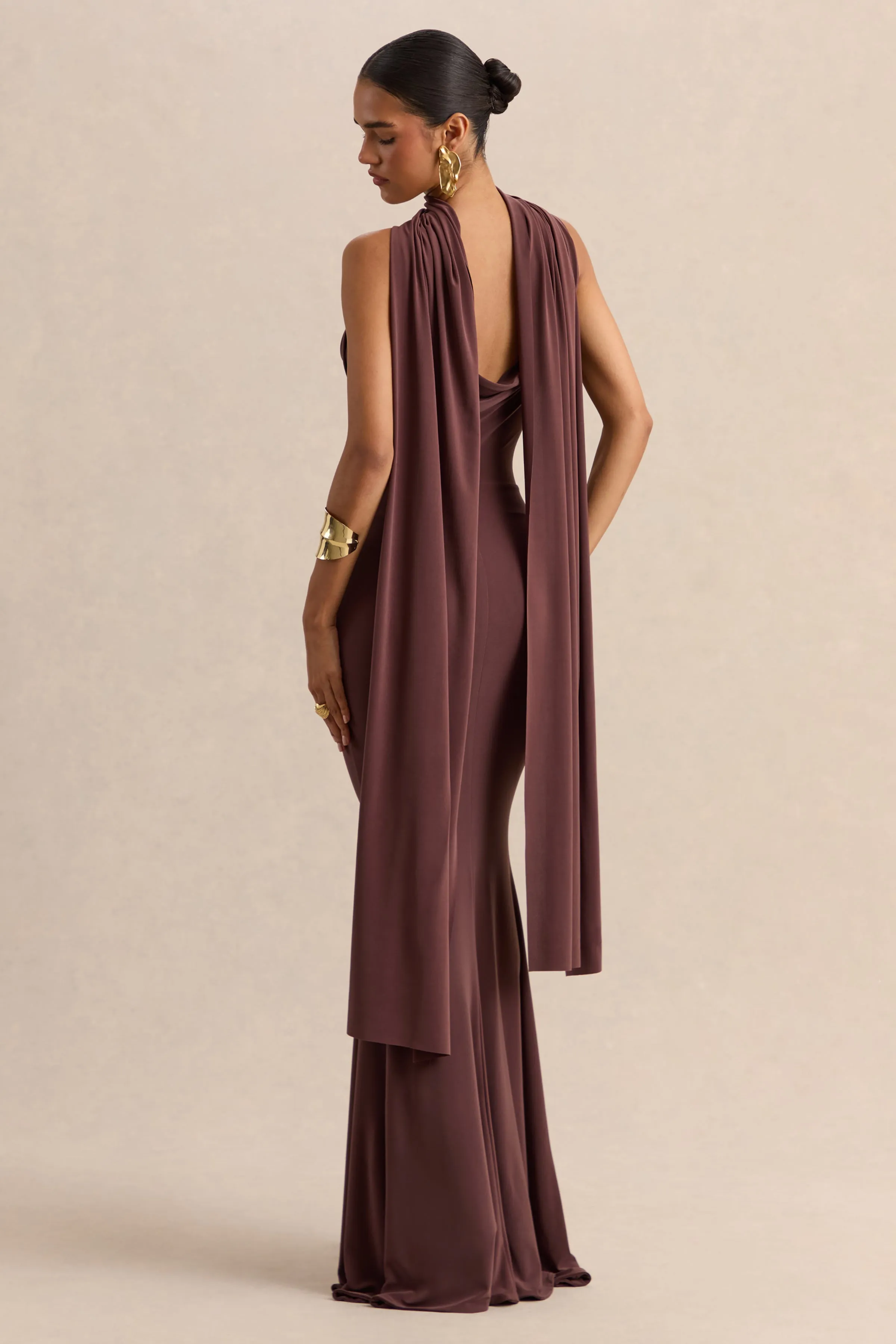 Armelia | Brown Cowl-Neck Maxi Dress With Scarf-Detail sold by Club L London product image thumbnail 2