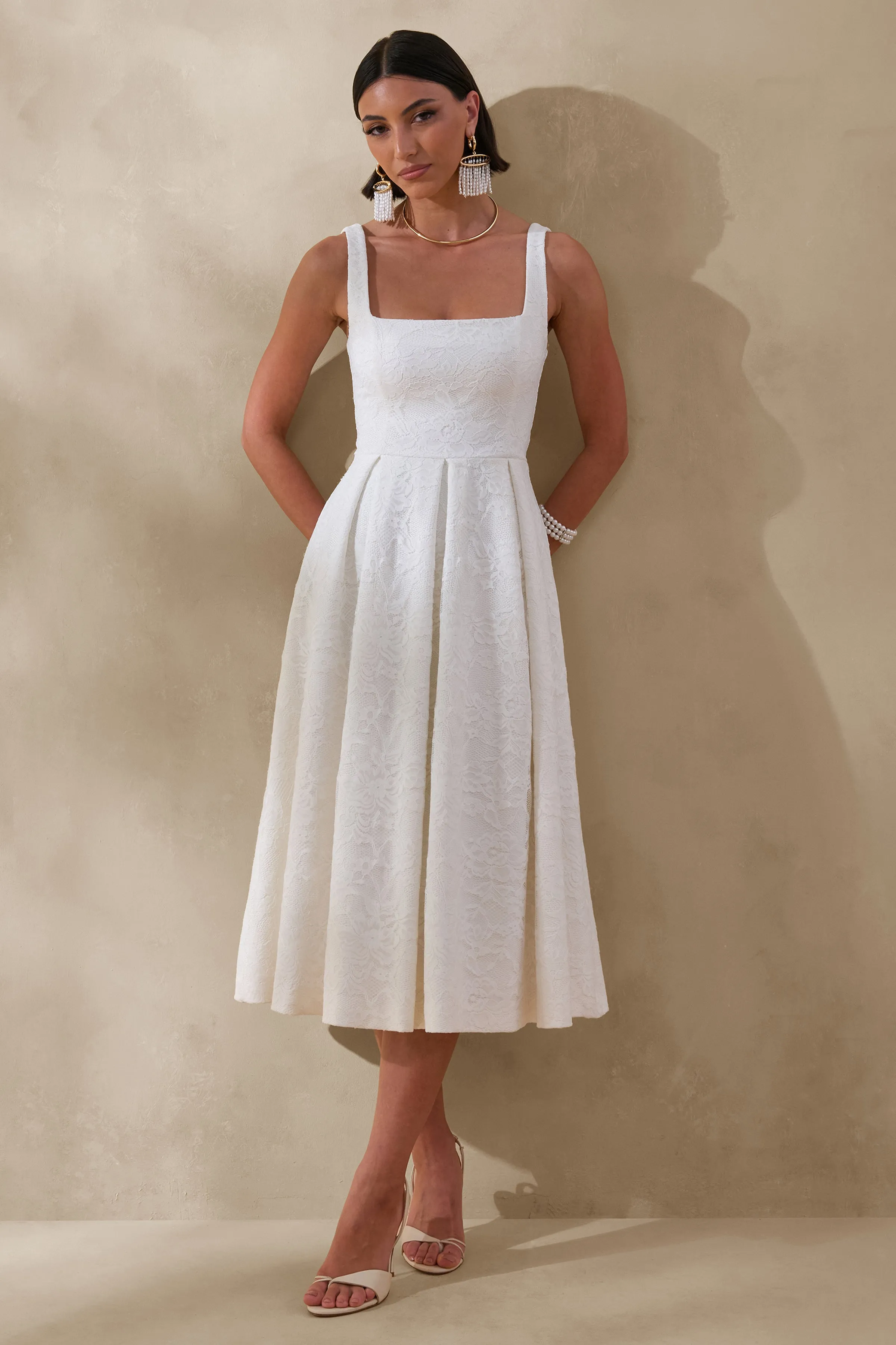 Ashmara | White Lace Square-Neck Midi Dress sold by Club L London