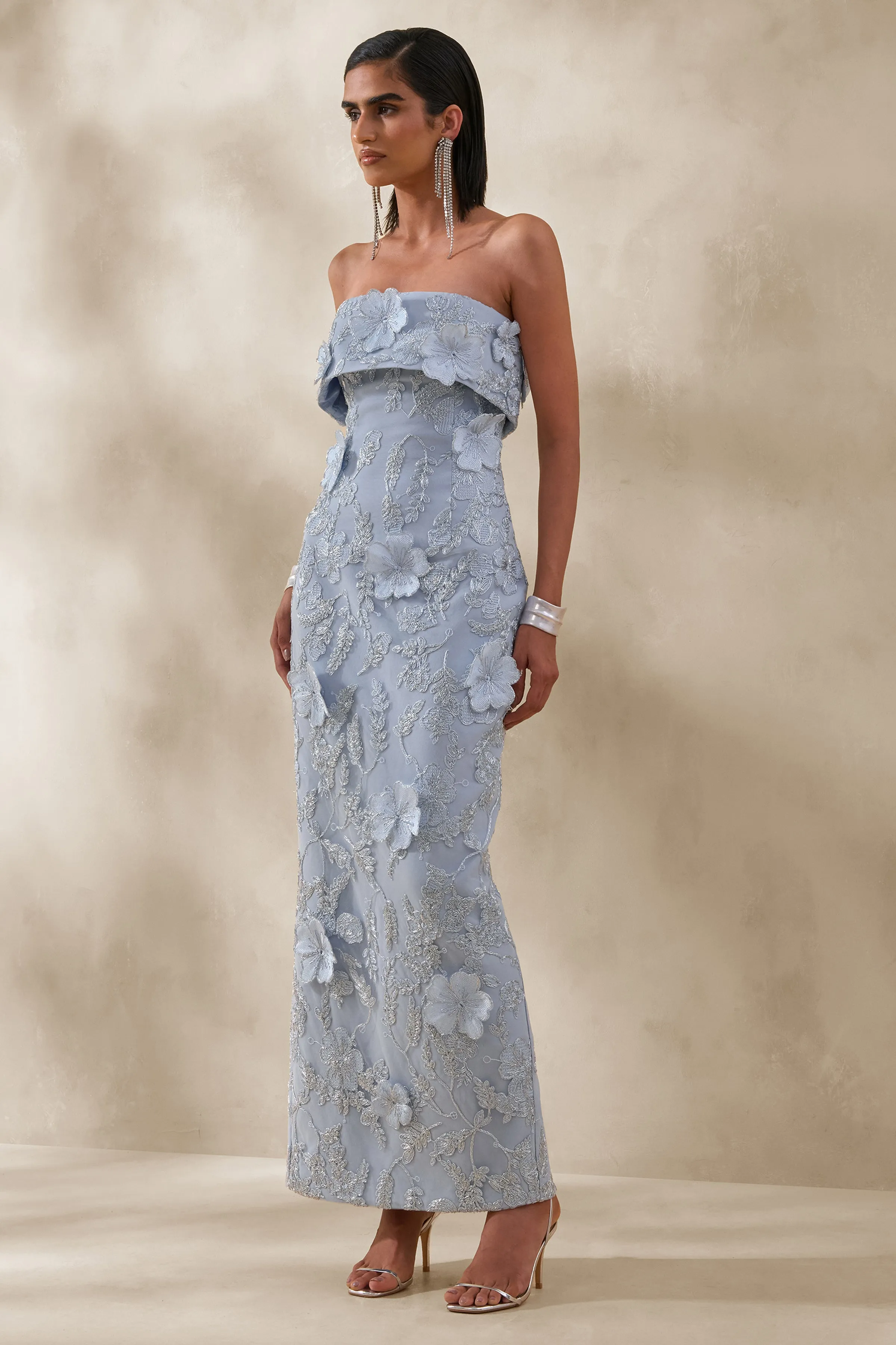 Misha | Light Blue 3D Floral Bandeau Maxi Dress sold by Club L London product image thumbnail 4