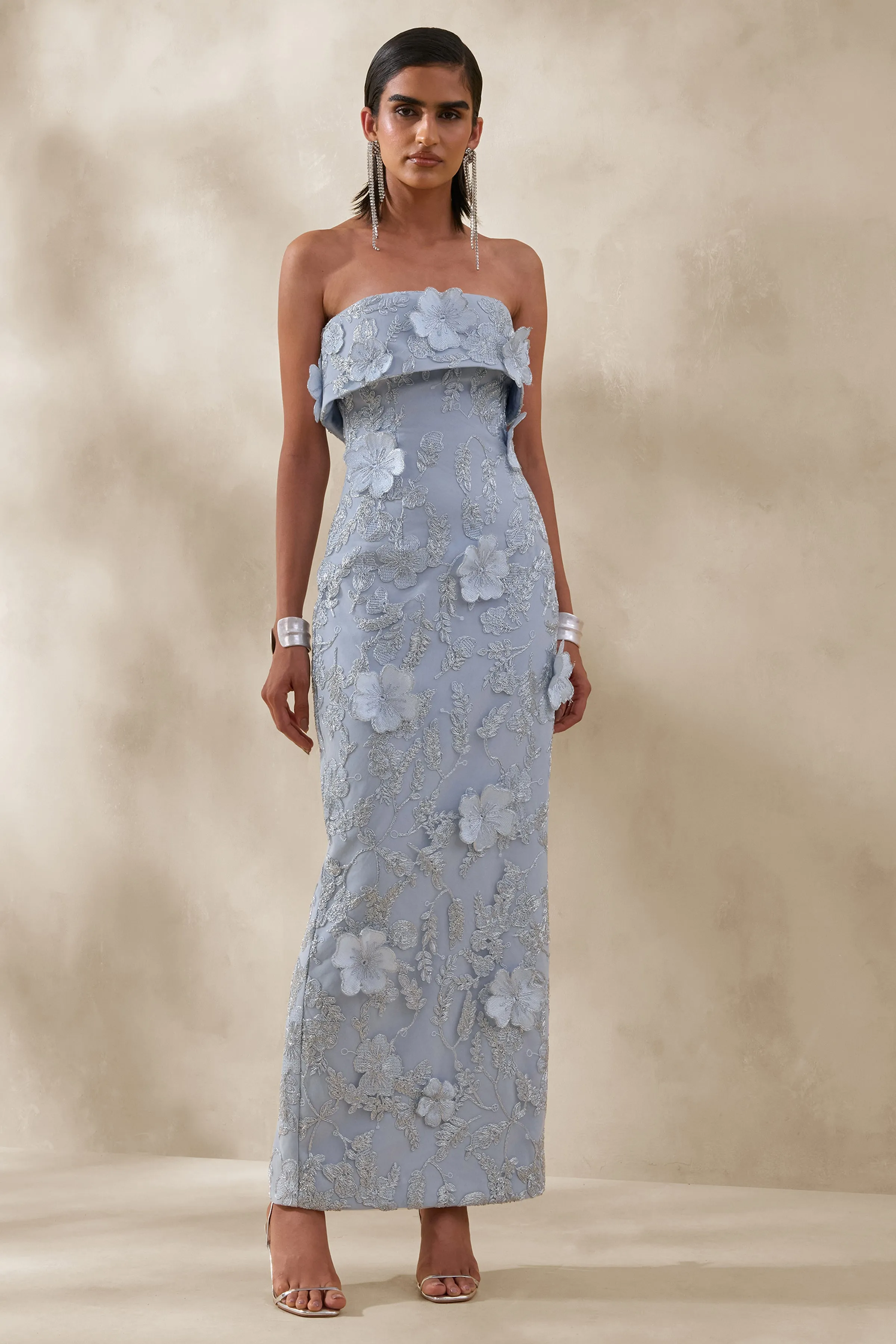 Misha | Light Blue 3D Floral Bandeau Maxi Dress sold by Club L London product image thumbnail 5