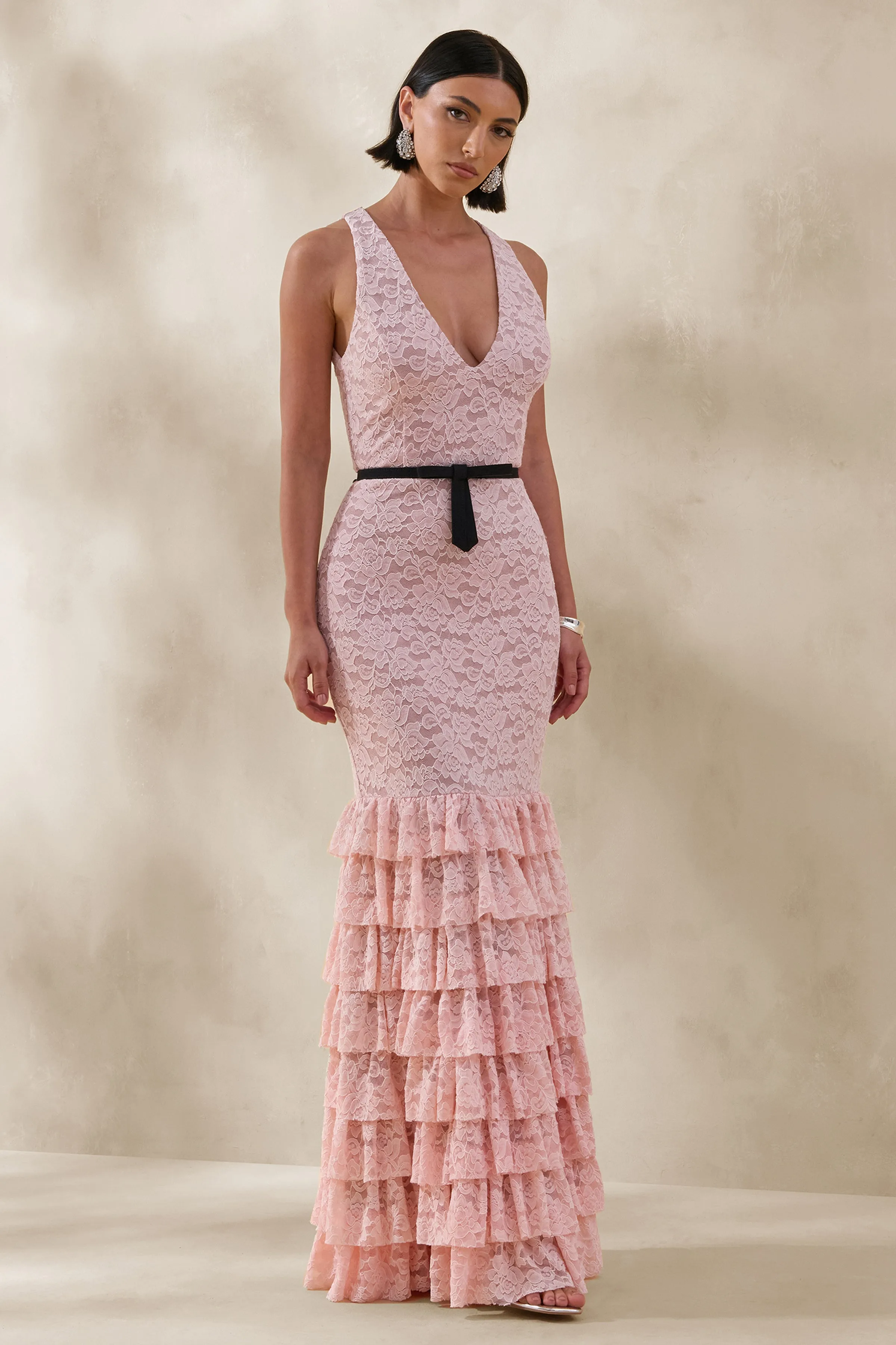Isoria | Pink And Black Lace Halter-Neck Maxi Dress With Bow-Belt Detail sold by Club L London product image thumbnail 5