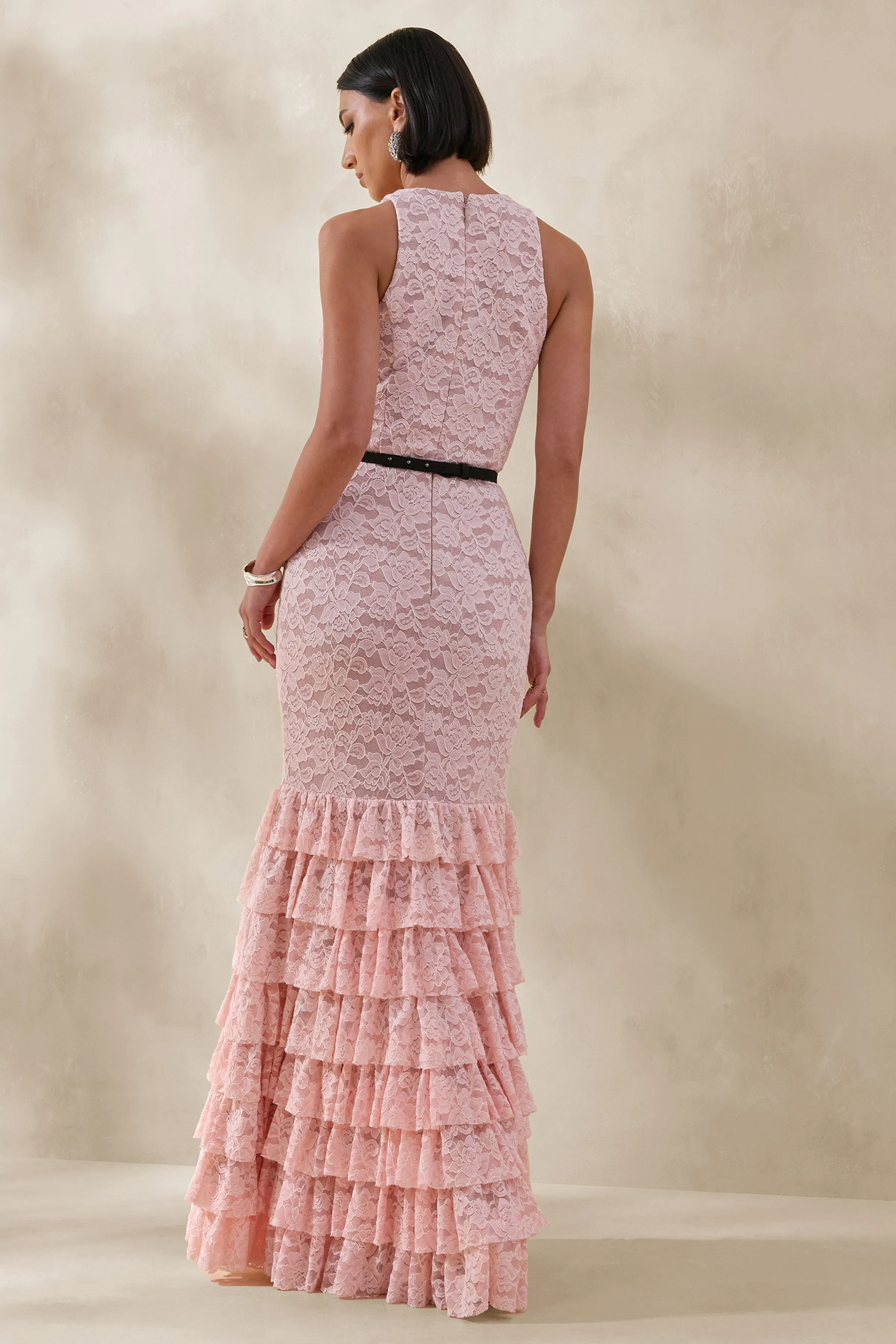 Isoria | Pink And Black Lace Halter-Neck Maxi Dress With Bow-Belt Detail sold by Club L London product image thumbnail 2