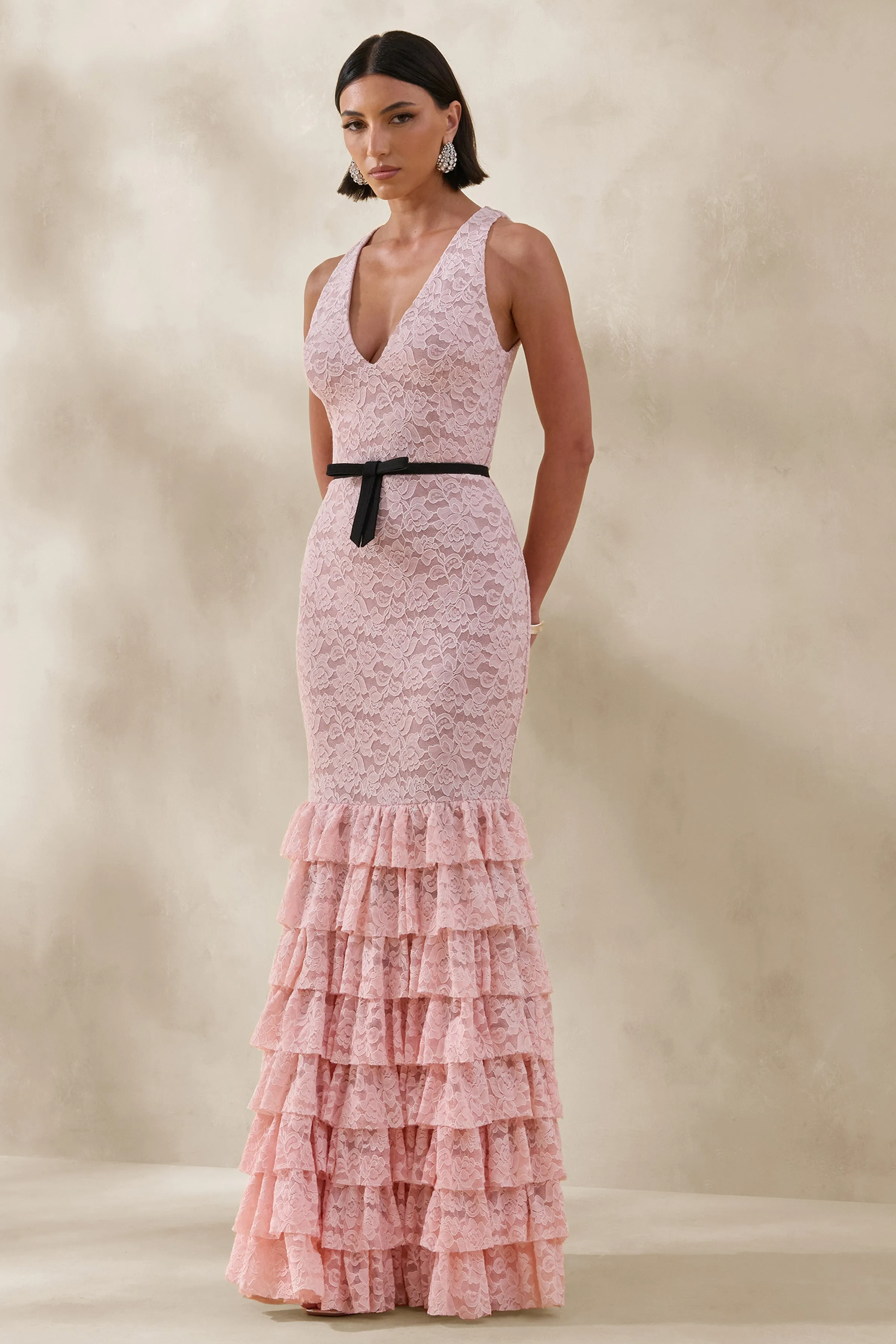 Isoria | Pink And Black Lace Halter-Neck Maxi Dress With Bow-Belt Detail sold by Club L London product image thumbnail 4