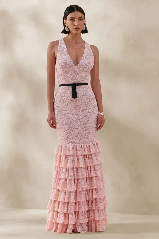 Isoria | Pink And Black Lace Halter-Neck Maxi Dress With Bow-Belt Detail sold by Club L London