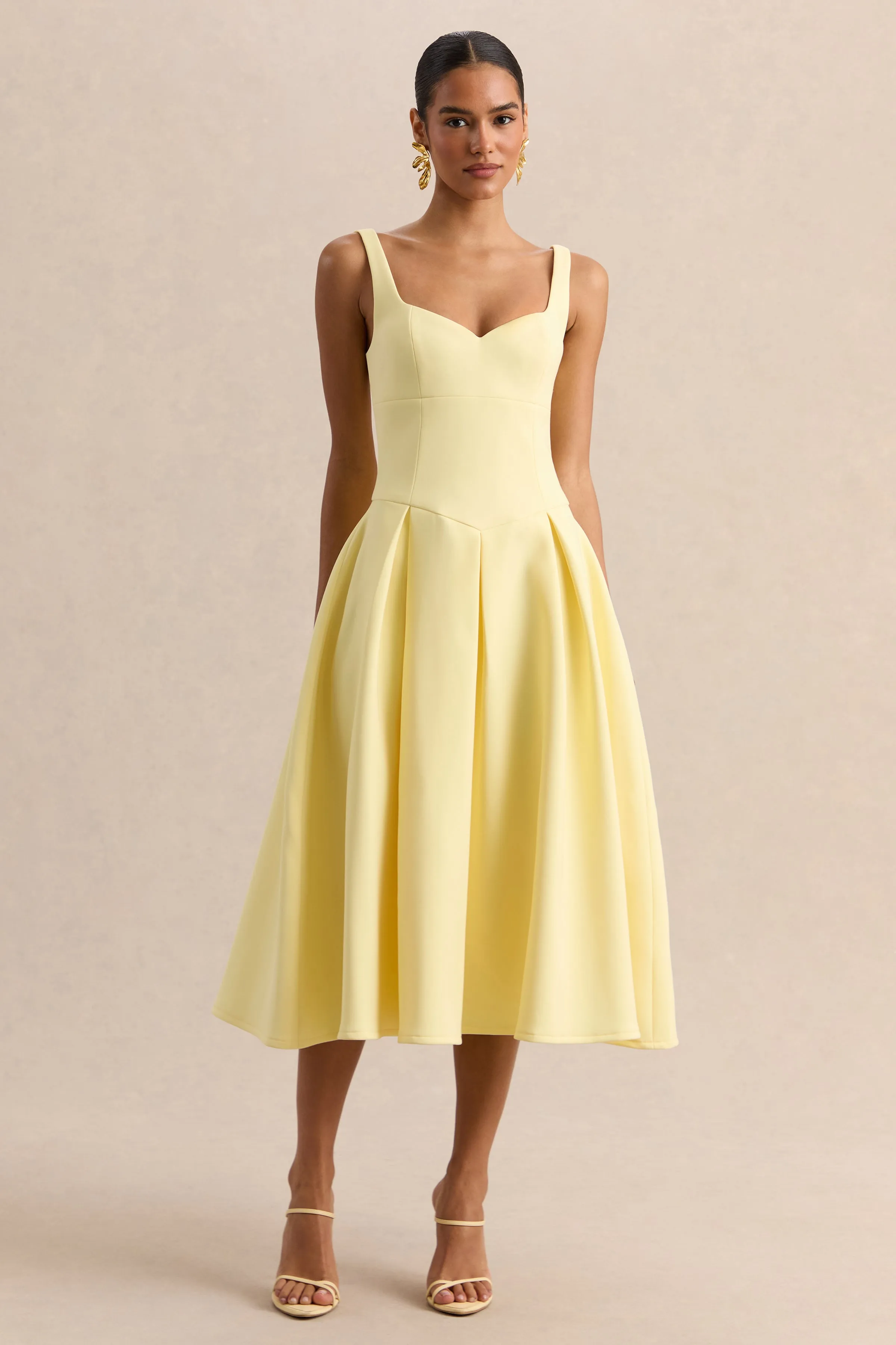 Greta | Lemon Sweetheart-Neck Midi Dress sold by Club L London