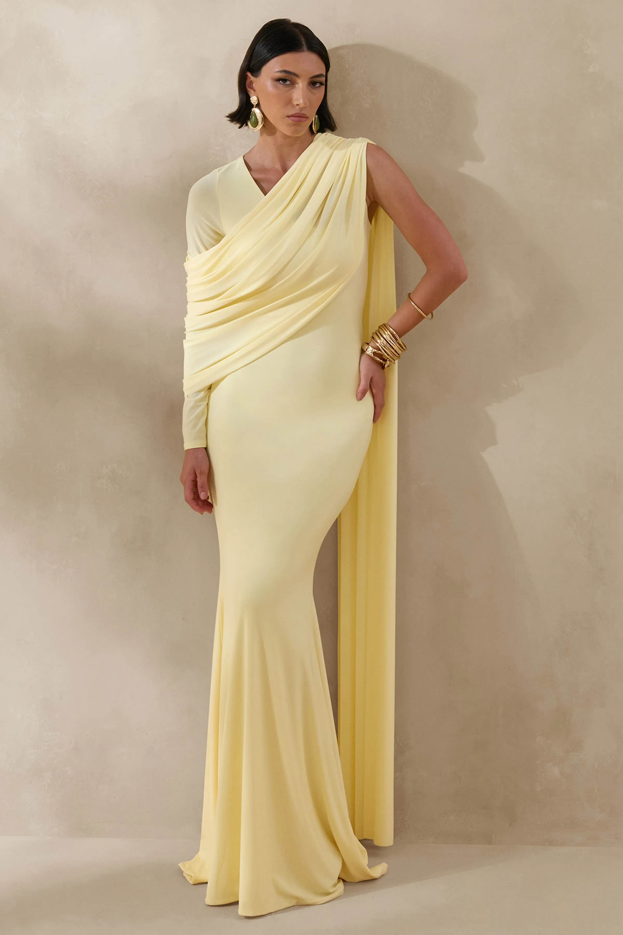 Rubelle | Lemon Asymmetric-Neck Maxi Dress With Draped-Detailing sold by Club L London