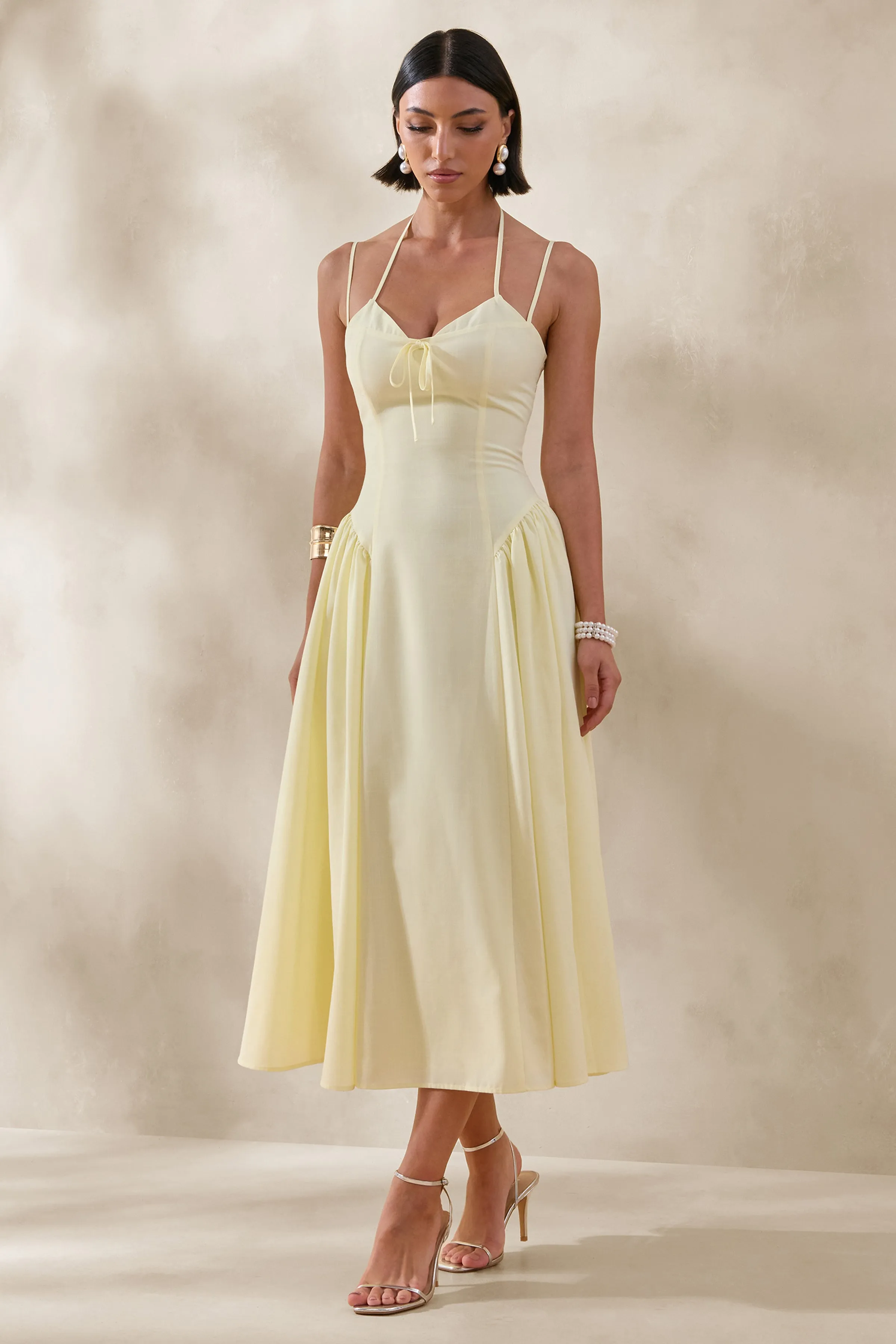Audrey | Lemon Sweetheart-Neck Midi Dress With Ruching Detail sold by Club L London