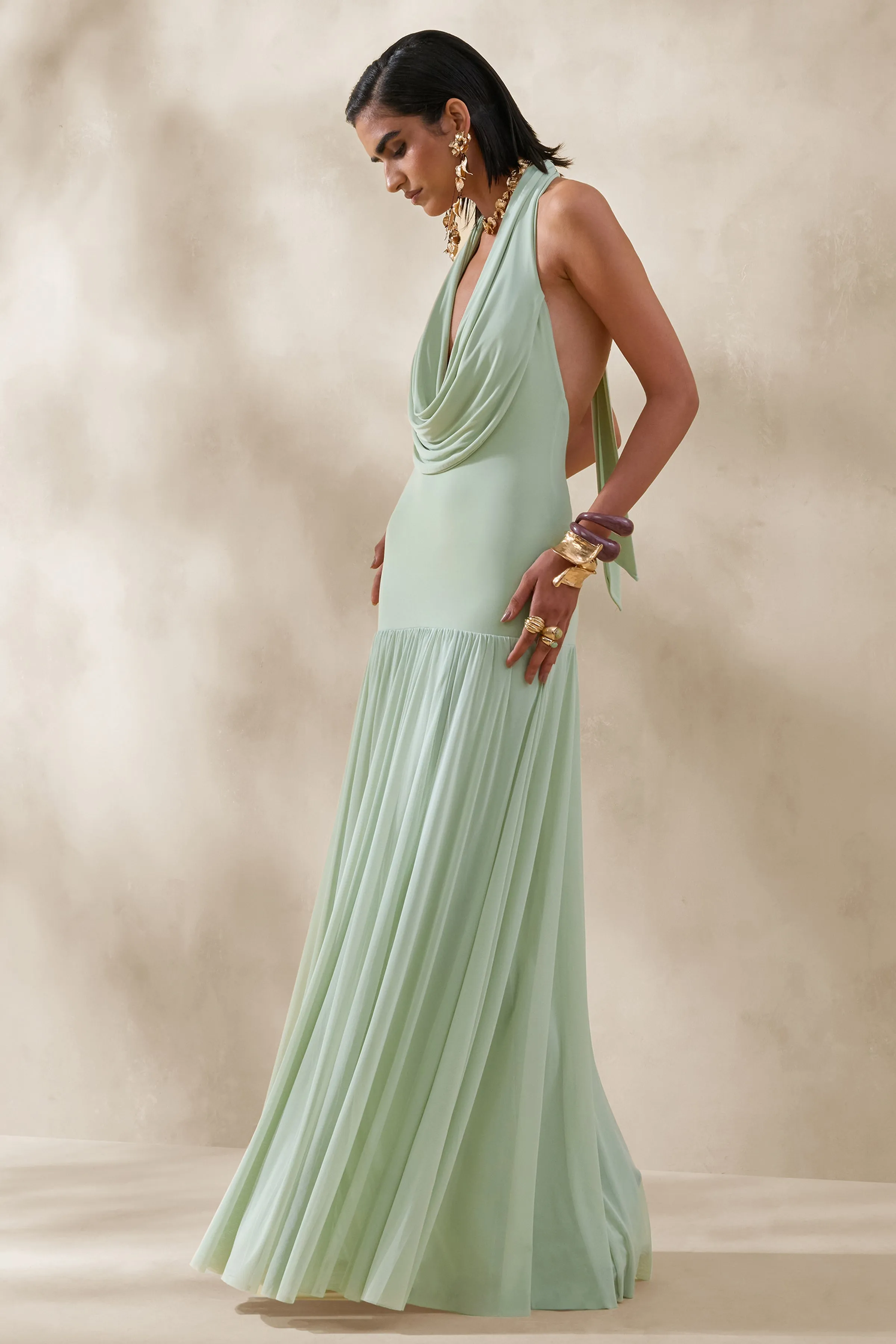 Verity | Green Cowl-Neck Maxi Dress With Sheer-Skirt sold by Club L London product image thumbnail 4