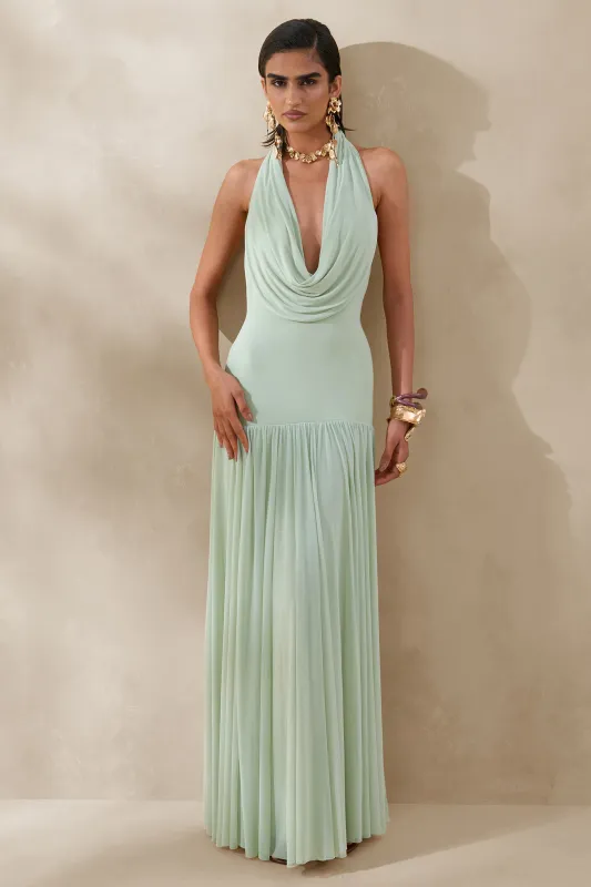 Verity | Green Cowl-Neck Maxi Dress With Sheer-Skirt made by Club L London