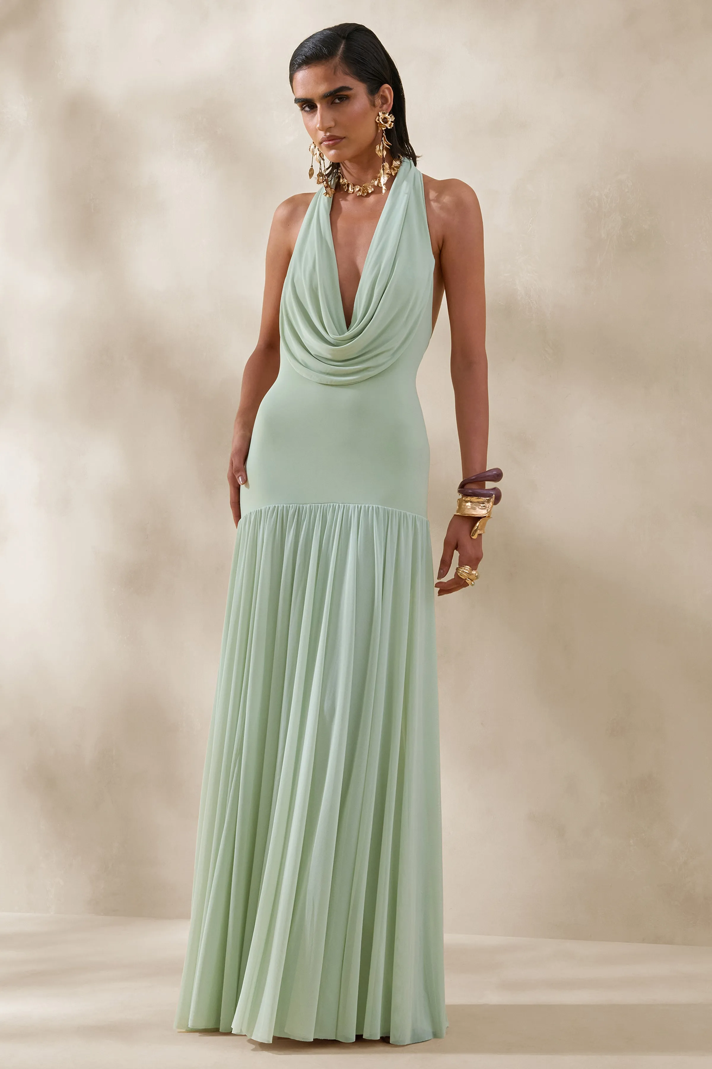 Verity | Green Cowl-Neck Maxi Dress With Sheer-Skirt sold by Club L London product image thumbnail 5