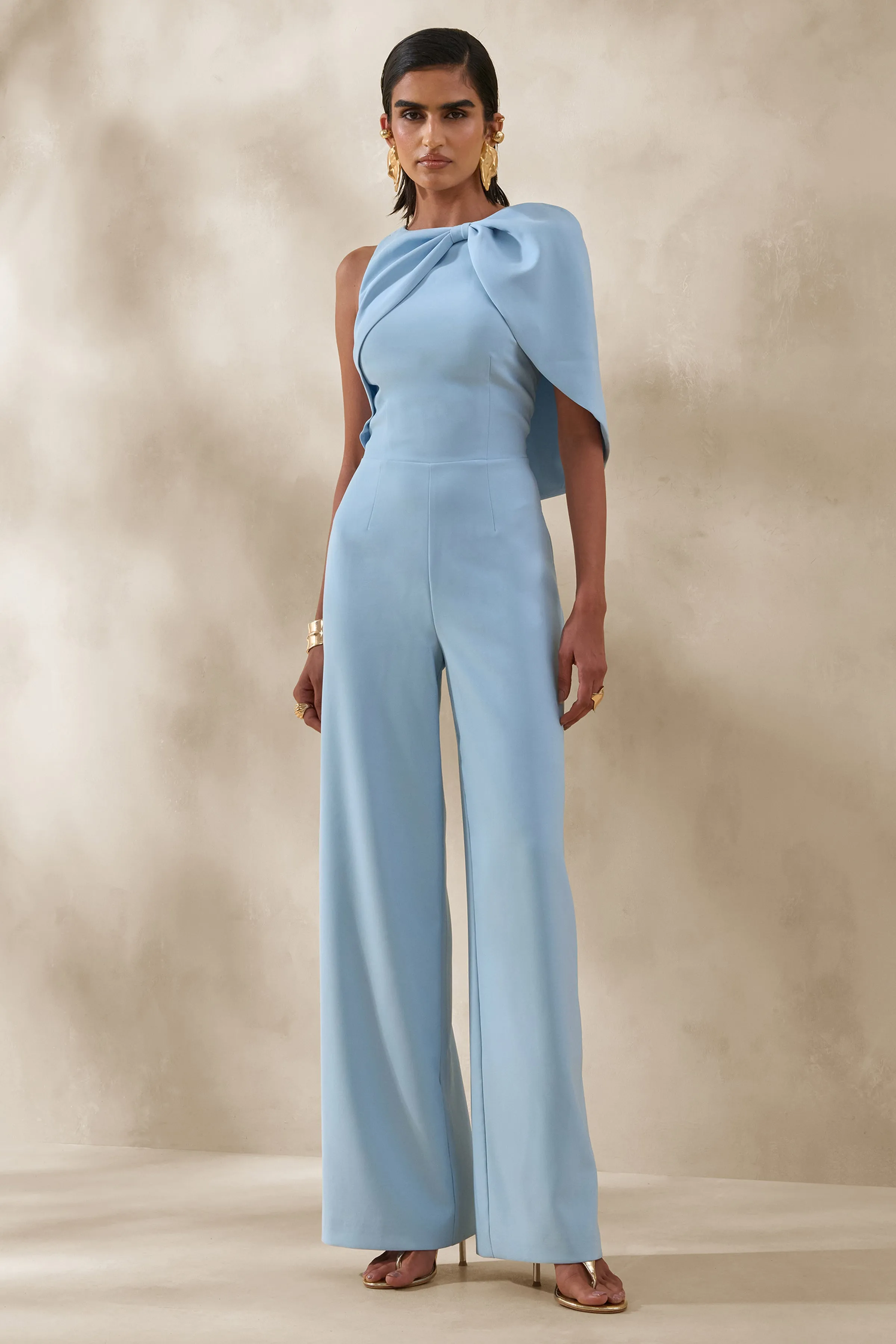 Quinley | Powder Blue Asymmetric-Neck Jumpsuit With Cape-Sleeve sold by Club L London product image thumbnail 3