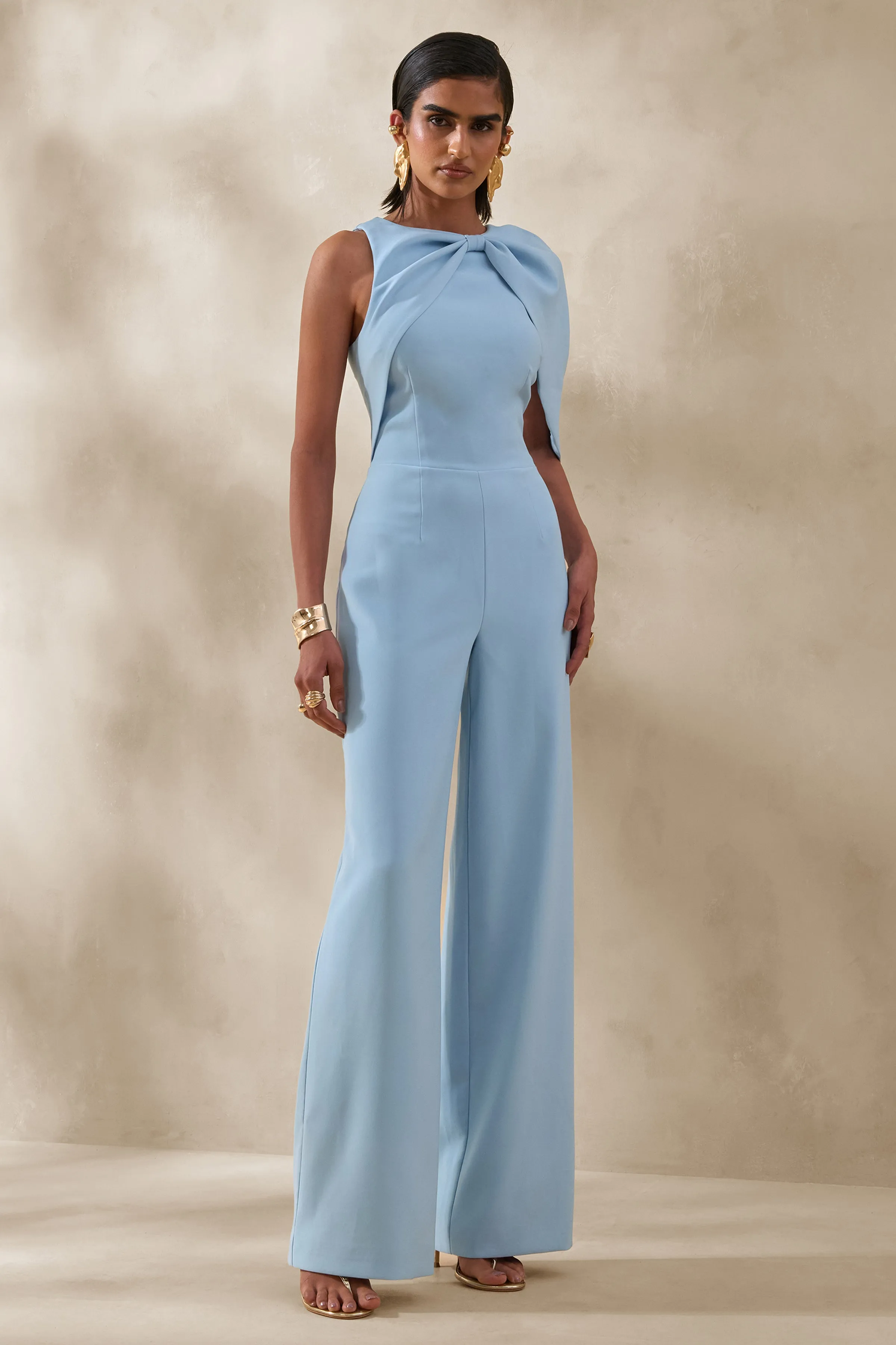 Quinley | Powder Blue Asymmetric-Neck Jumpsuit With Cape-Sleeve sold by Club L London product image thumbnail 4
